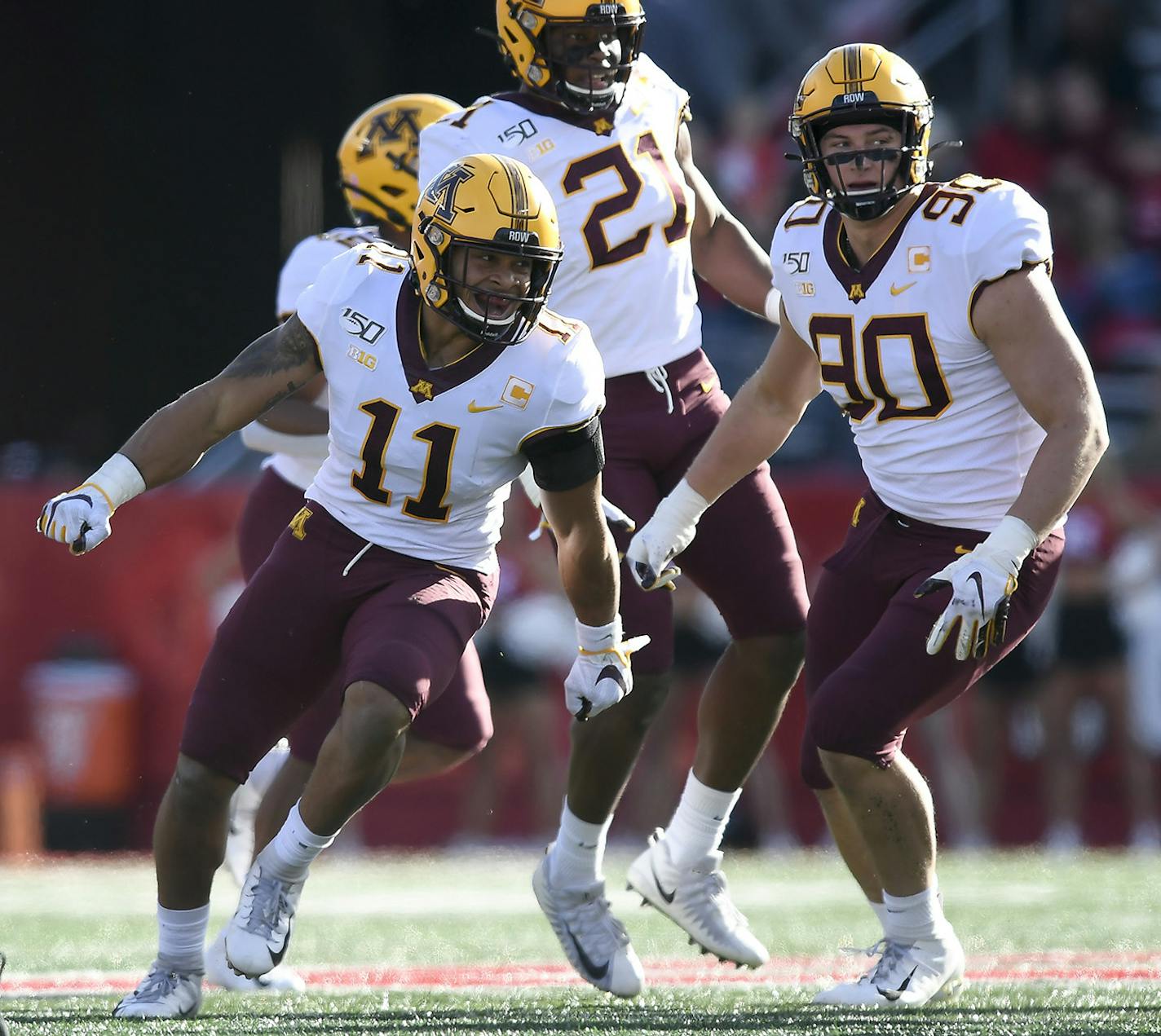 Minnesota defensive back Antoine Winfield Jr. (11) celebrates after intercepting a pass thrown against Rutgers in the first quarter at SHI Stadium in Piscataway, N.J., on Saturday, Oct. 19, 2019. The visiting Golden Gophers won, 42-7. (Aaron Lavinsky/Minneapolis Star Tribune/TNS) ORG XMIT: 1466055