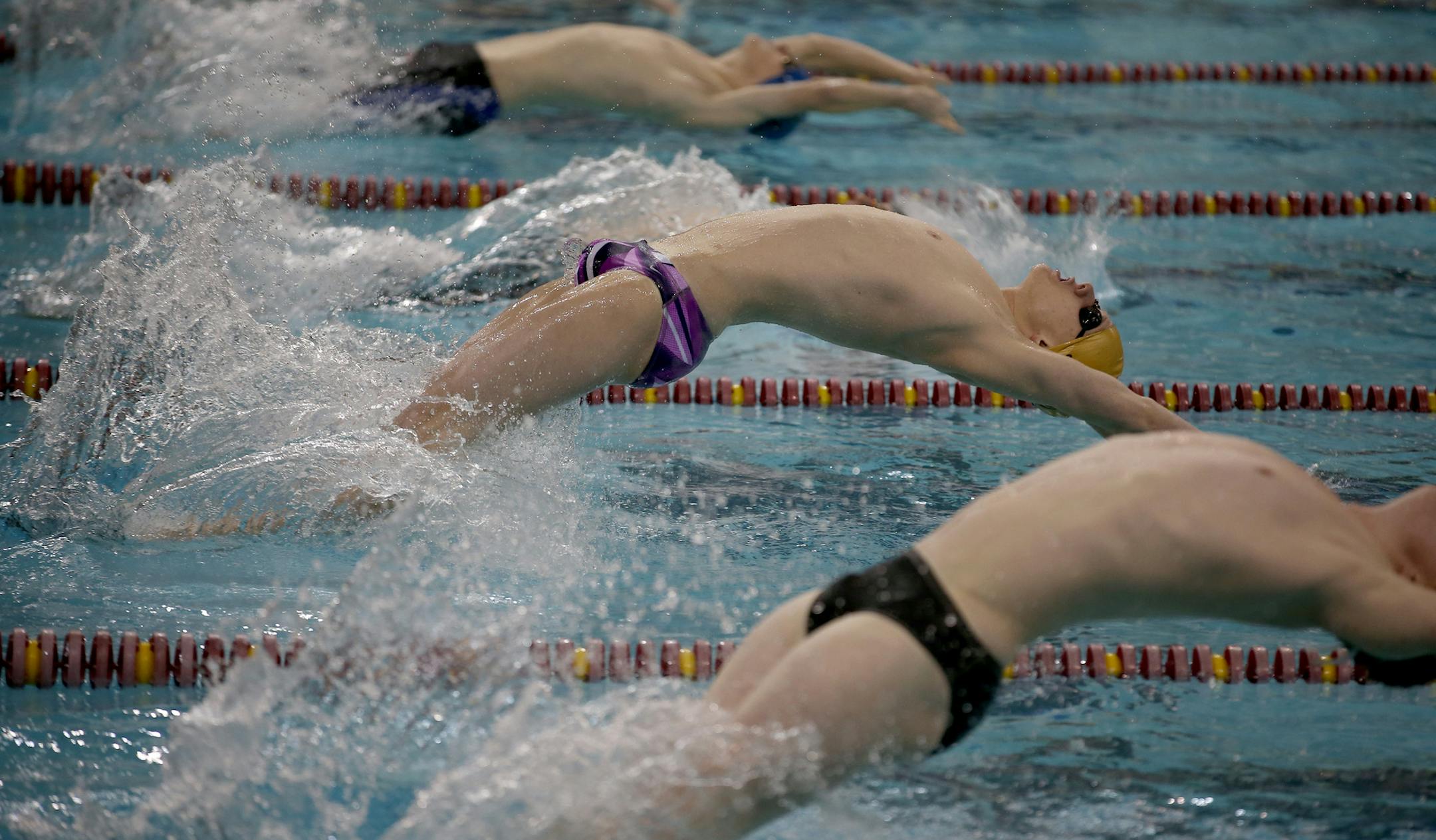 Luke Sabal dove into the water to start the first leg of the 200 yard medley relay in the fourth heat. ] (KYNDELL HARKNESS/STAR TRIBUNE) kyndell.harkness@startribune.com Lakeville South at the boys Maroon & Gold Invite at the University of Minnesota Aquatic Center in Minneapolis Min., Saturday, January 3, 2014.