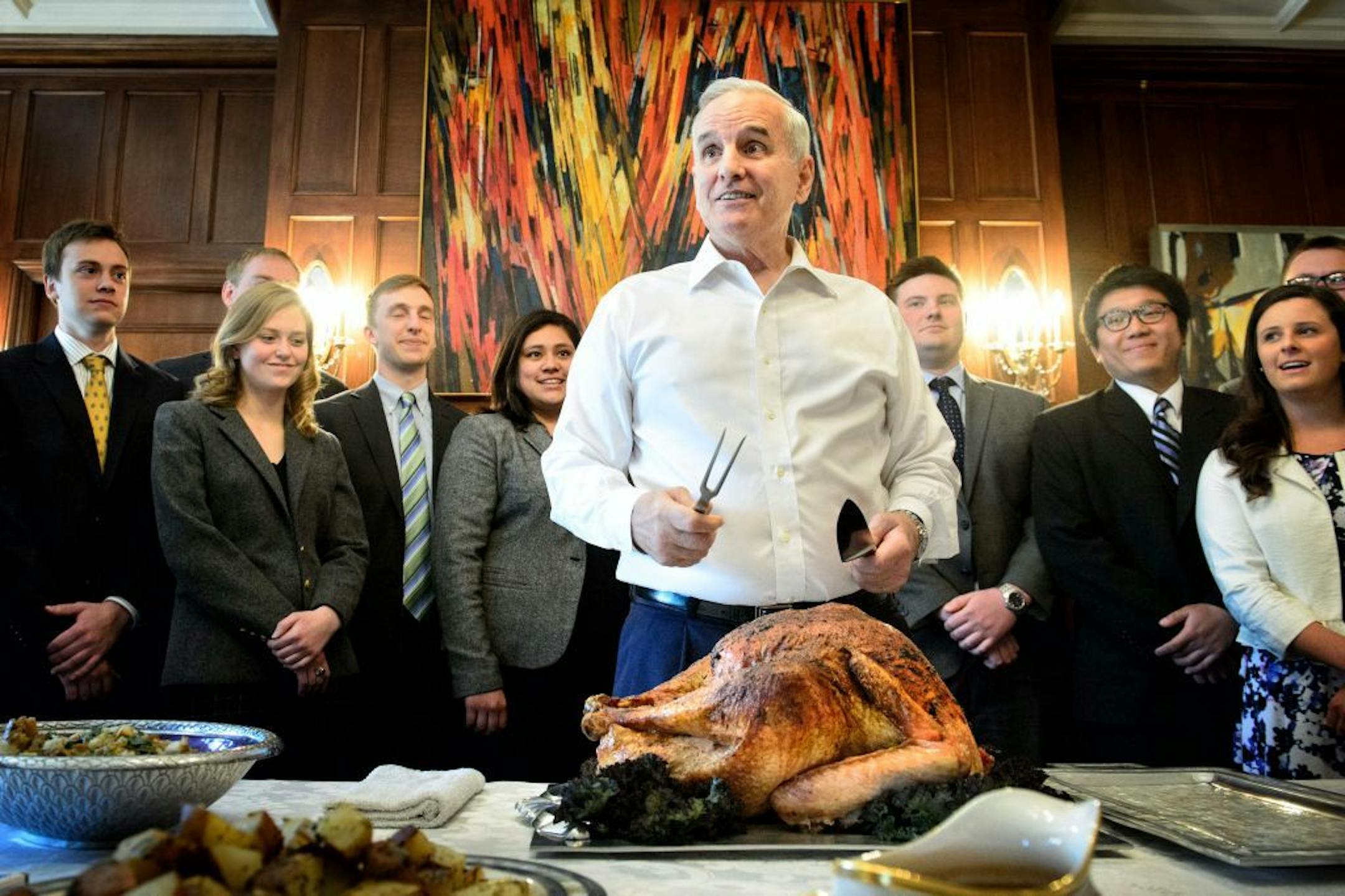 Governor Mark Dayton talked about the safety of Minnesota turkey as he carved a Minnesota-grown turkey at the Governor�s Residence at a lunch for his interns. The 25-pound turkey was raised in Glenwood, Minnesota.