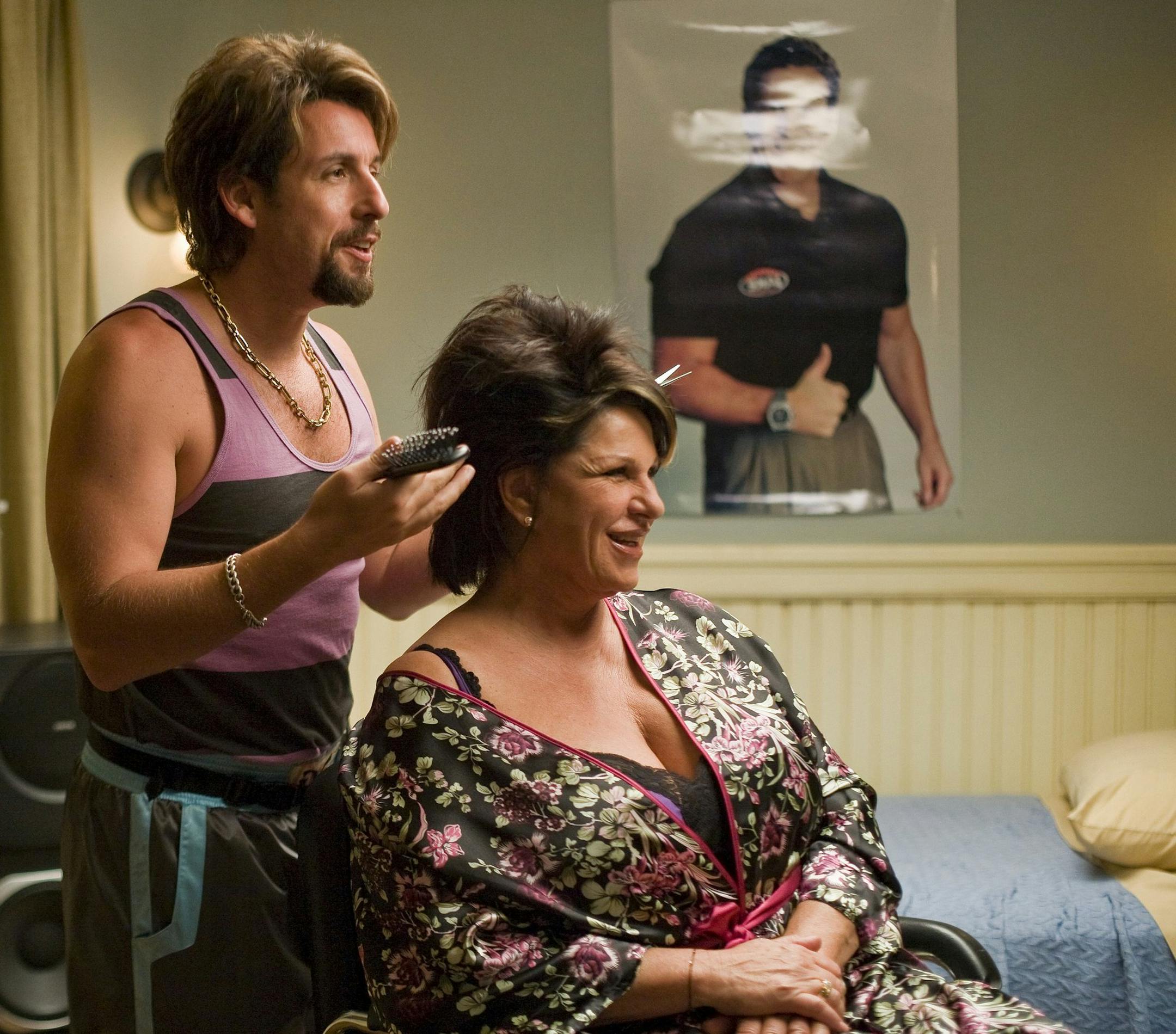 In this image released by Columbia Pictures, onetime counter-terrorist and now-hairstylist Zohan, played by Adam Sandler, left, practices his technique with Gail, played by Lainie Kazan, in a scene from "You Don't Mess with the Zohan." (AP Photo/Columbia Pictures, Tracy Bennett) ** NO SALES **