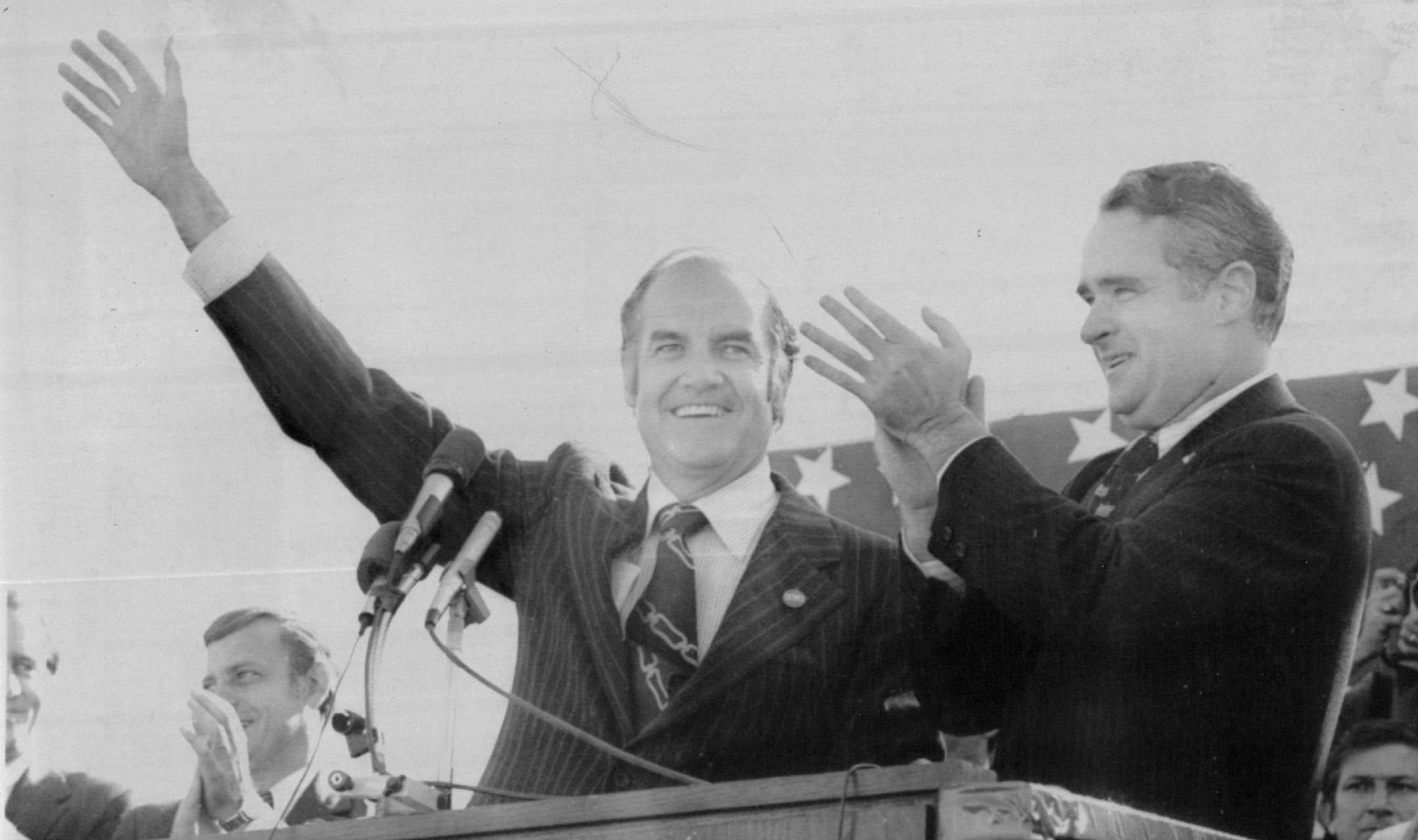 October 8, 1972 Sen. George McGovern was introduced by his former running mate, sen. Thomas Engleton, right, as "a very decent man... and my good friend' at a campaign rally Saturday in St. Louis Minneapolis Star Tribune