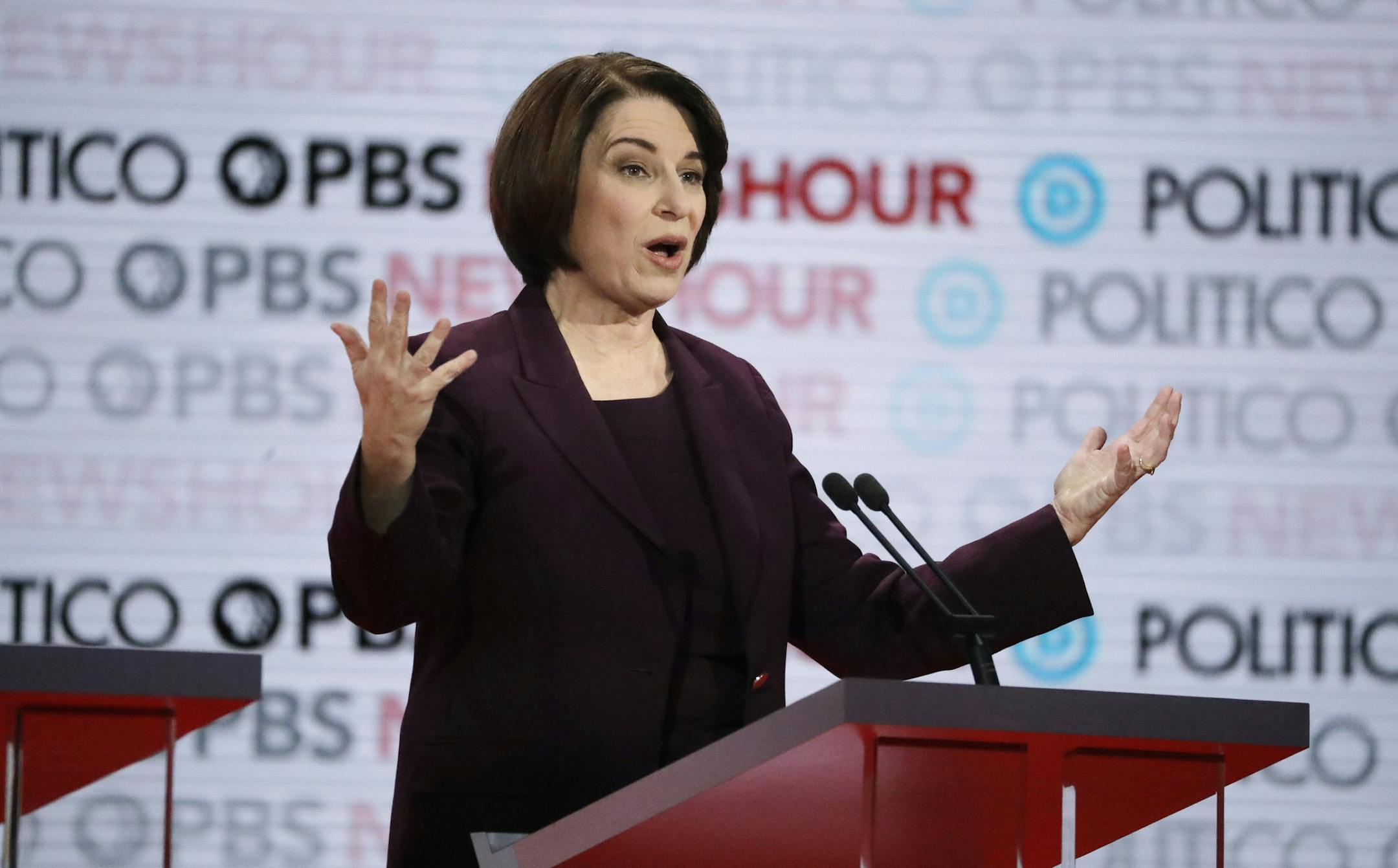 Democratic presidential candidate Sen. Amy Klobuchar, D-Minn., speaks during a Democratic presidential primary debate Thursday, Dec. 19, 2019, in Los Angeles. (AP Photo/Chris Carlson)