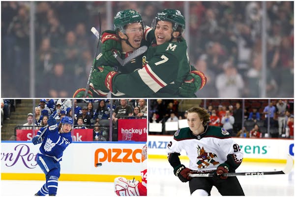 Former Gophers teammates now in the pros: Brock Faber with the Wild (top, No. 7), Matthew Knies in Toronto (bottom left) and Logan Cooley with Arizona