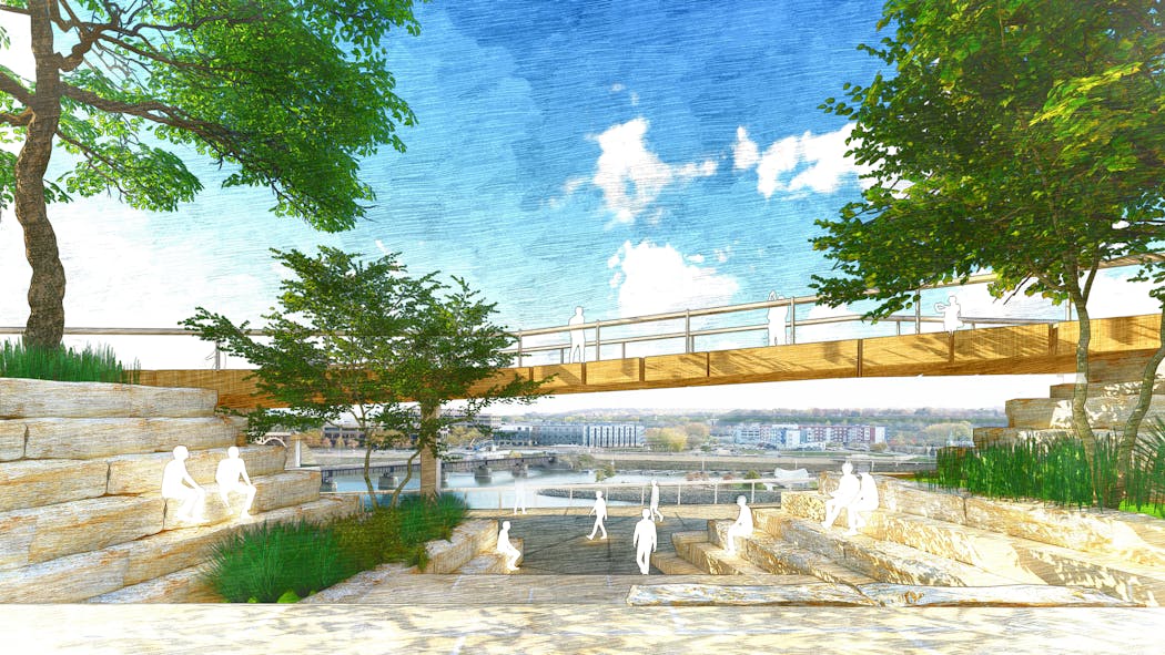 Several areas are planned where pedestrians will be able to walk from the bluff down to the river.