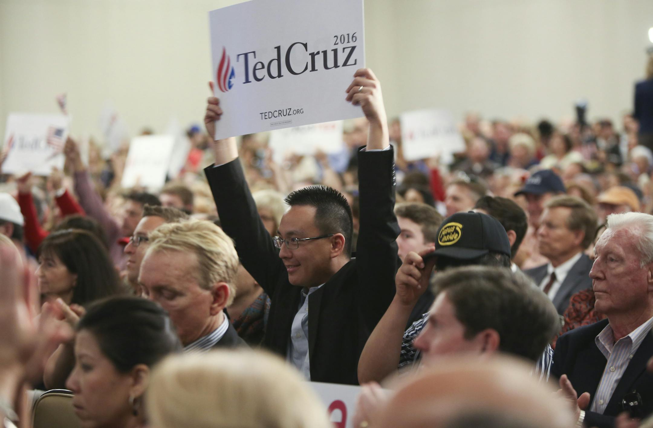 A supporter of Sen. Ted Cruz of Texas, a Republican presidential hopeful, before a rally at a hotel in Irvine, Calif., April 11, 2016. (Monica Almeida/The New York Times)