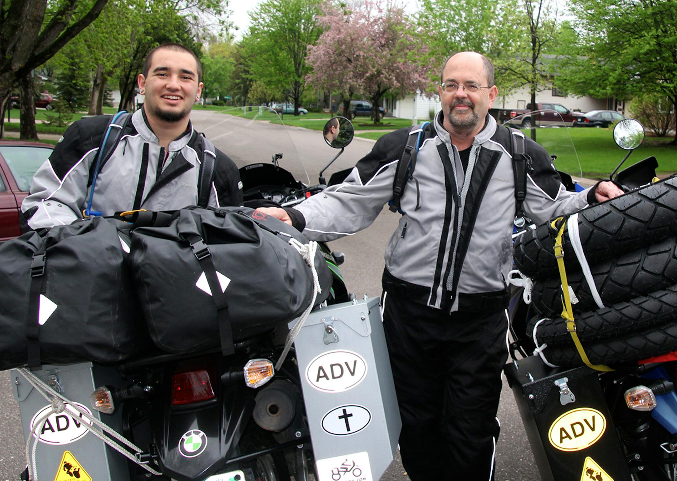 Conor and Jay Rasmussen prepare to take off from their Roseville, Minn., home on a 71-day motorcycle journey to Argentina. Photo provided by Jay Rasmussen