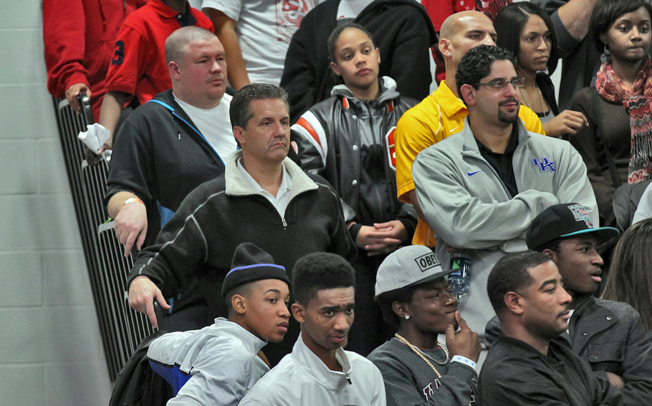 Breakdown Tip Off Classic prep basketball event at Minnetonka High. Kentucky basketball coach John Calipari, center left, watched the Apple Valley-Park Center game with Apple Valley's Tyus Jones playing. (MARLIN LEVISON/STARTRIBUNE(mlevison@startribune.com (cq -all names program