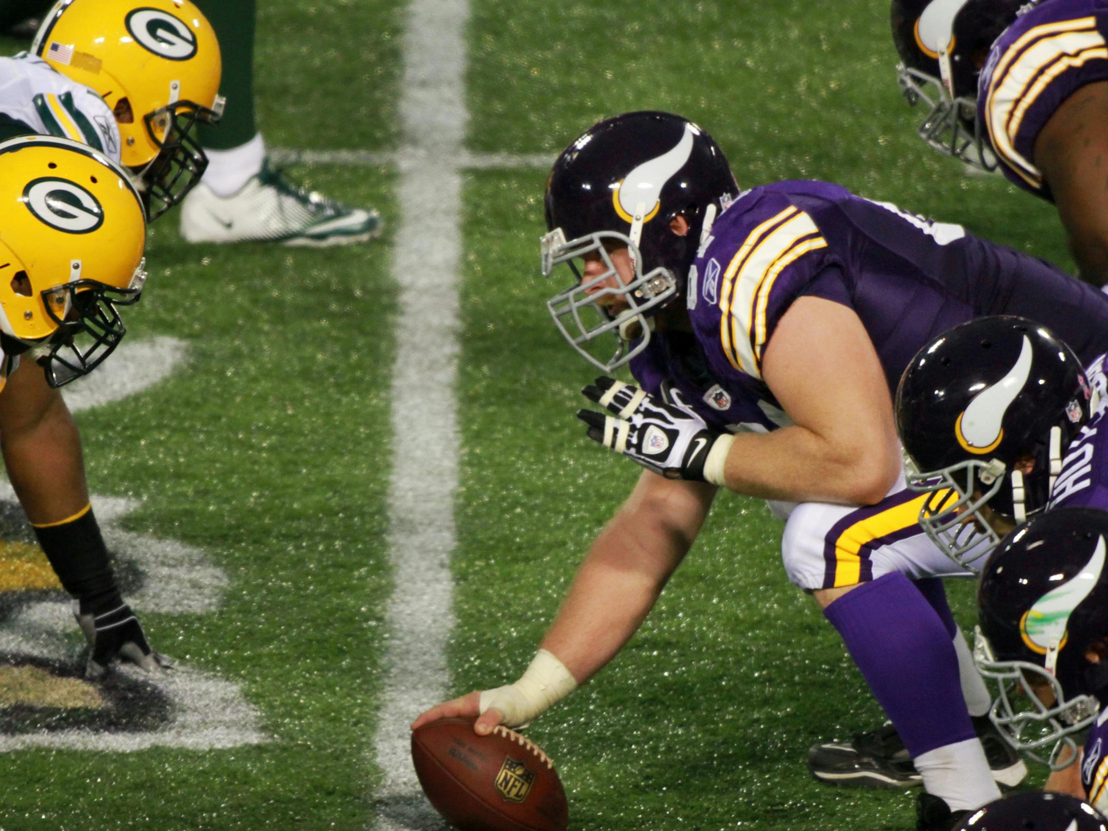 The Minnesota Vikings offensive line and Green Bay Packers defensive line prepared for the snap in the third quarter at Mall of America Field on October 23, 2011. The Green Bay Packers defeated the Minnesota Vikings 33-27. ] (MCKENNA EWEN/STAR TRIBUNE) mckenna.ewen@startribune.com ORG XMIT: MIN2013082419404519