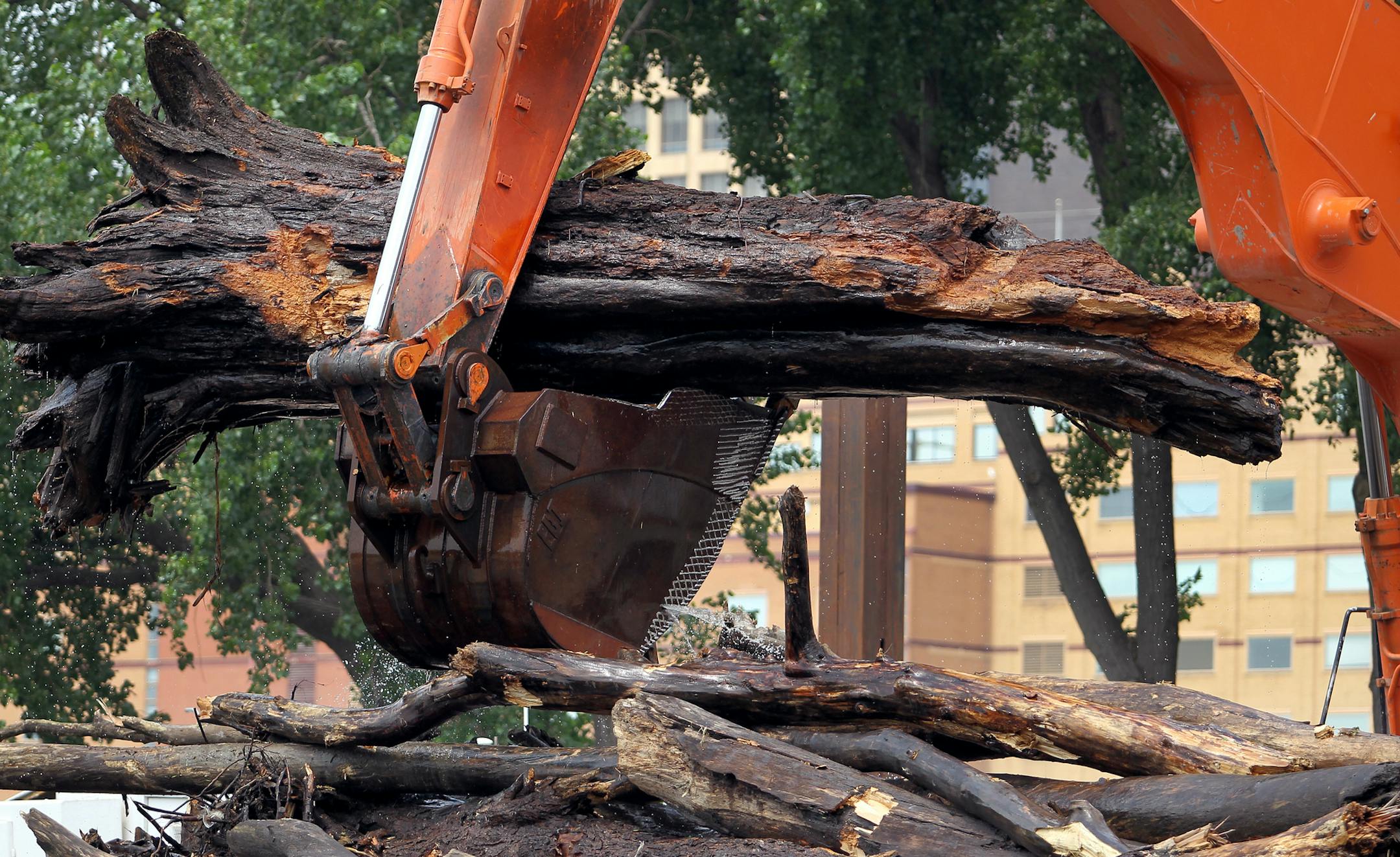 Logs and debris are lifted by a back-hoe to clear a log jam in the Mississippi River near the Wabasha St. Bridge in St. Paul, Minn., on Friday, July 5, 2013. ] (ANNA REED/STAR TRIBUNE) anna.reed@startribune.com (cq)
