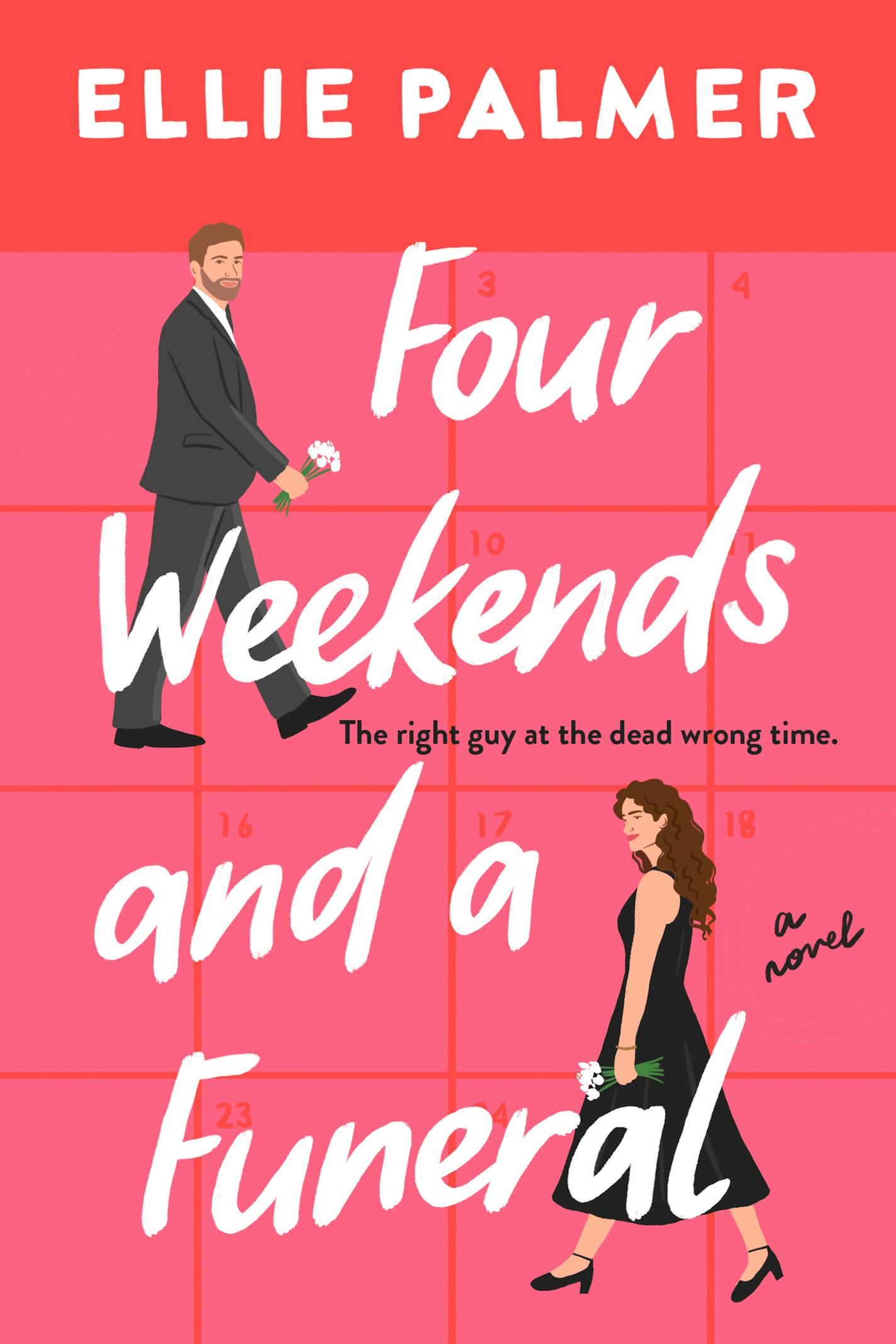 cover of Four Weekends and a Funeral features drawings of a man and a woman, both dressed in black