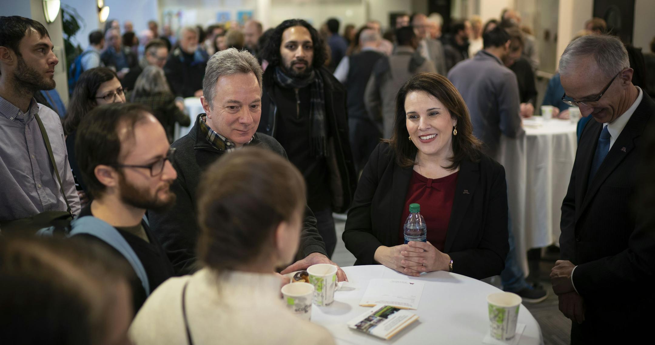 Joan Gabel, (in red shirt) sole finalist for University of Minnesota president, met with faculty, students and the public at a meet and greet before a public Question and Answers session at Coffman Theatre on the University of Minnesota campus in Minneapolis, Minn. on December 11, 2018. ] RENEE JONES SCHNEIDER &#x2022; renee.jones@startribune.com