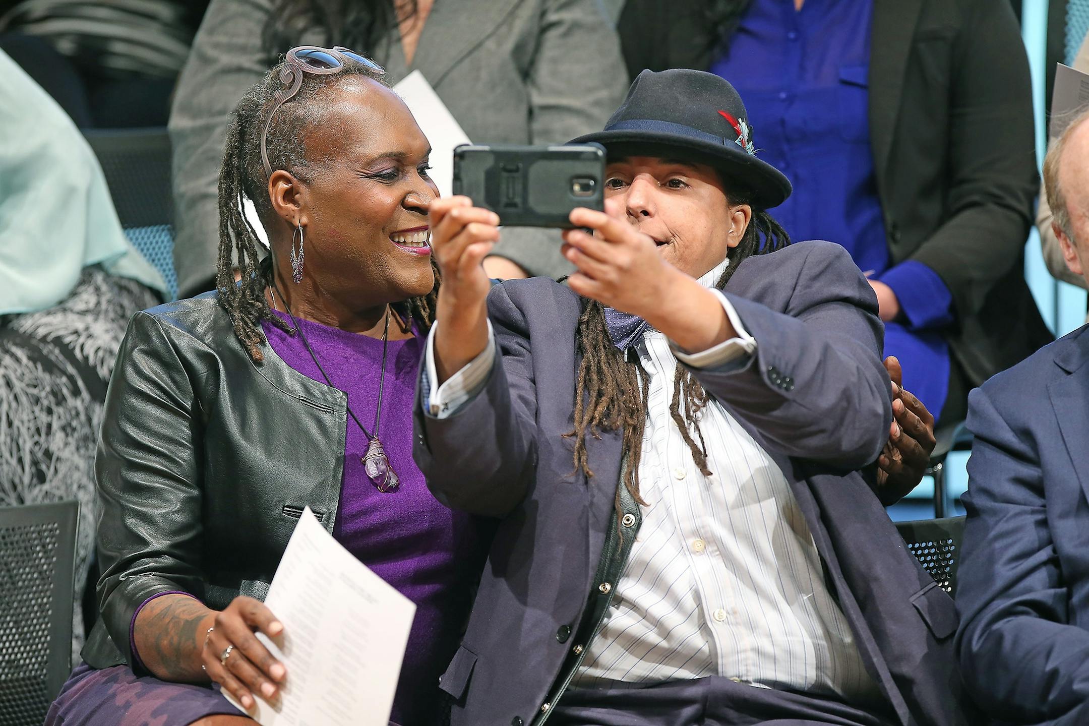 Special guests greeted each other and took selfies before Minneapolis Mayor Betsy Hodges delivered her 2016 State of the City Address at the MacPhail Center for Music, Tuesday, May 17, 2016 in Minneapolis, MN.