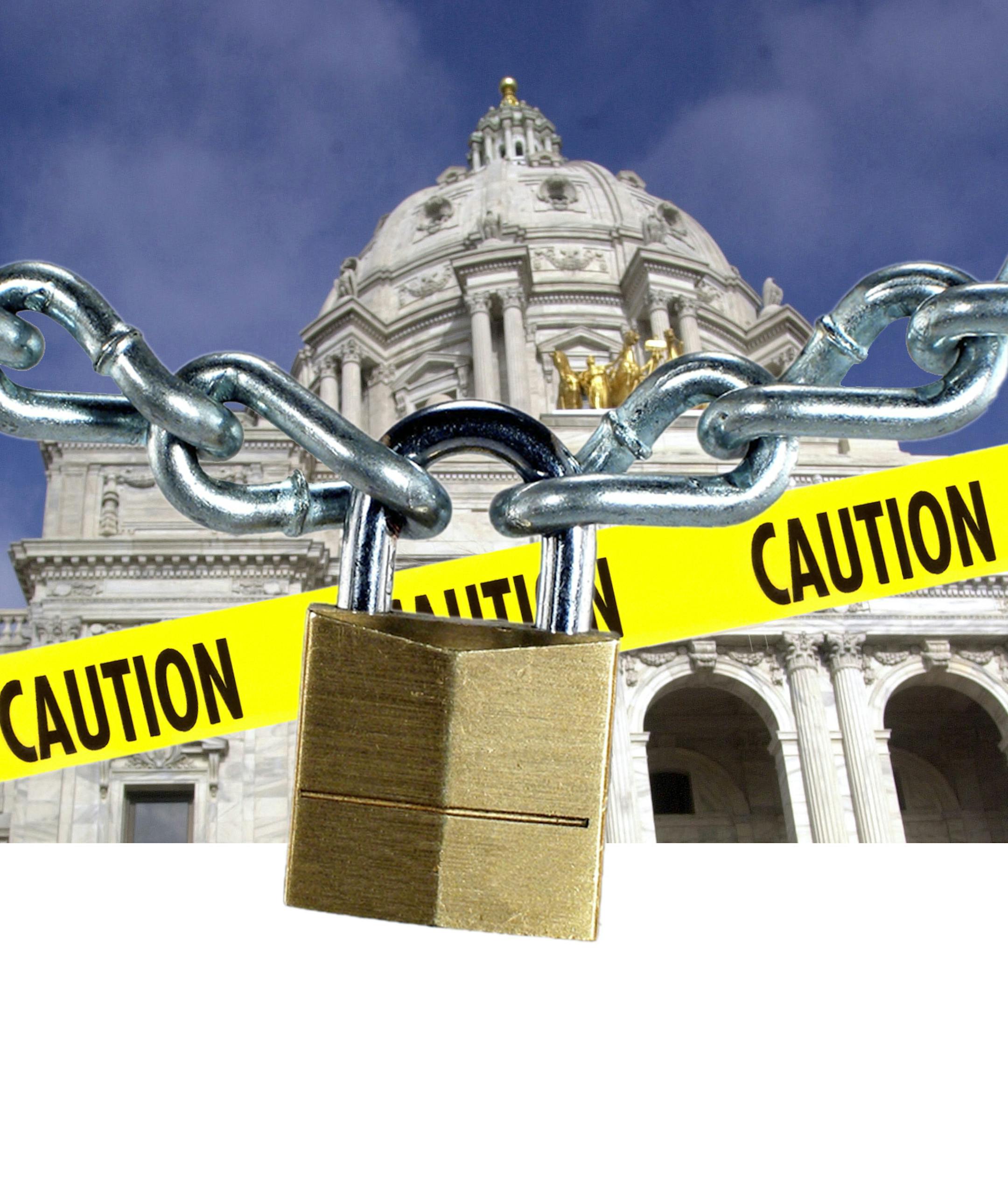 State capital dome with lock and caution tape. Photo illustration by Bruce Bjerva (with istockphoto)