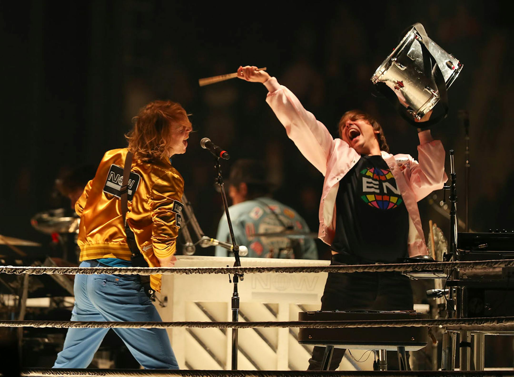 Guitarist Richard Reed Parry with William Butler early in Arcade Fire's set.