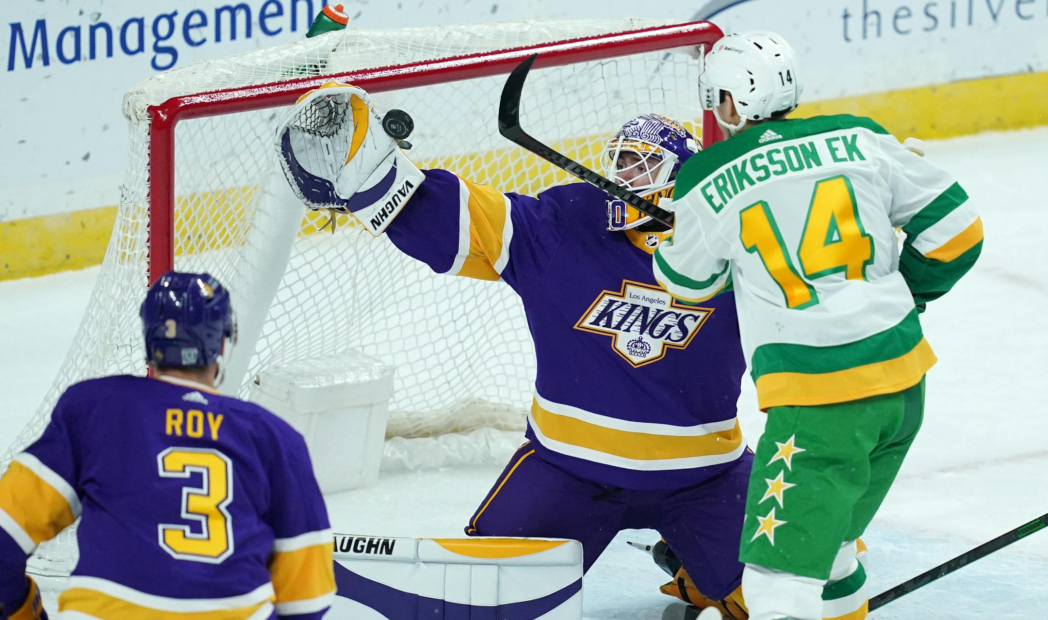 Minnesota Wild center Joel Eriksson Ek scored on Los Angeles Kings goaltender Calvin Petersen in the first period.