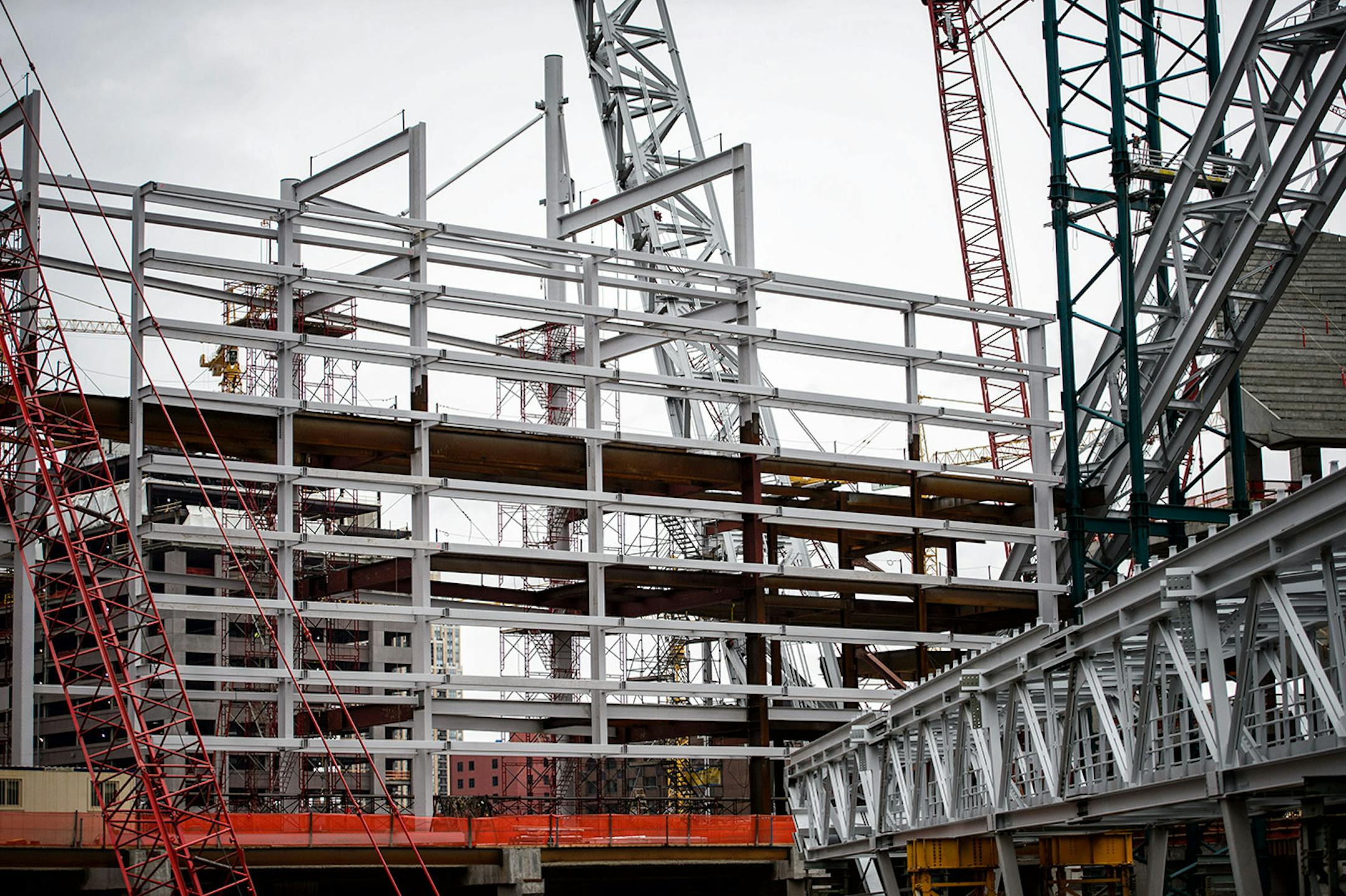 The new Vikings stadium led screen will be mounted on the frame in the center of the photo. Thursday, May 14, 2015 Construction update of the new Vikings stadium, Minneapolis, MN