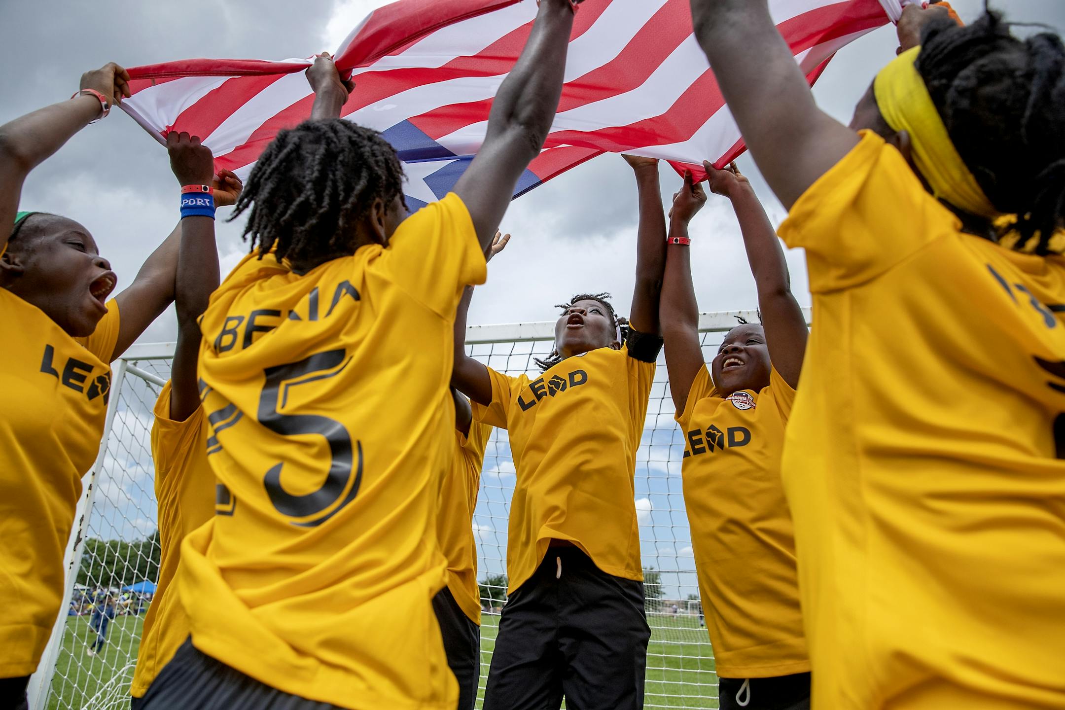 Before many spectators from the local Liberian community, the Monrovia Football Academy celebrated their 9-1 win over the Eclipse Select MN Regional team during the USA Cup tournament, Tuesday, July 16, 2019 at the National Sports Center in Blaine, MN.