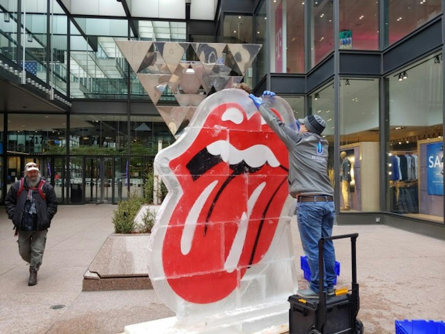 Workers unveiled a Rolling Stones ice sculpture outside the IDS Center on Monday morning. / Chris Riemenschneider