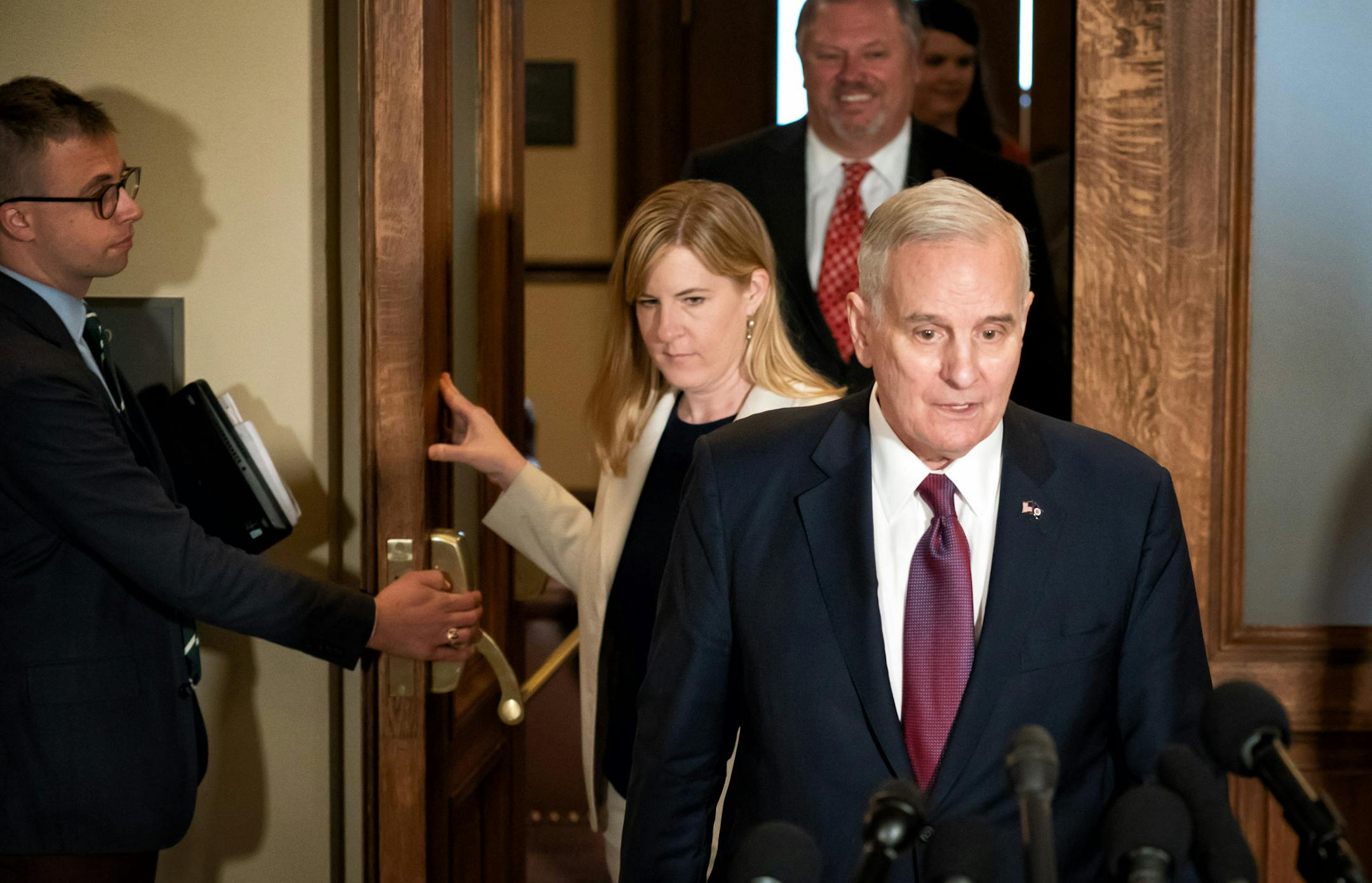 Governor Dayton came out of the Governor's Cabinet Room to speak with the media after meeting with Republican leaders. Republican and DFL leaders met Friday afternoon in the Governor's Cabinet room to discuss the issues that separate them from making a deal on taxes and the budget. ] GLEN STUBBE • glen.stubbe@startribune.com Friday, May 18, 2018 Republican and DFL leaders met Friday afternoon in the Governor's Cabinet room to discuss the issues that separate them from making a deal on tax