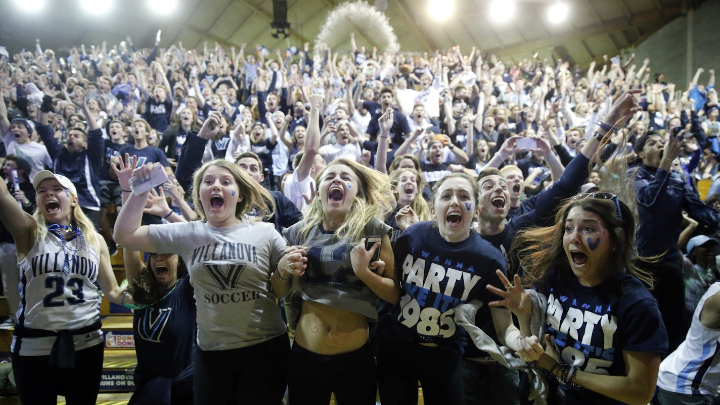 Villanova basketball fans on campus celebrated after Villanova defeated North Carolina in the NCAA men's basketball tournament final in 2016.