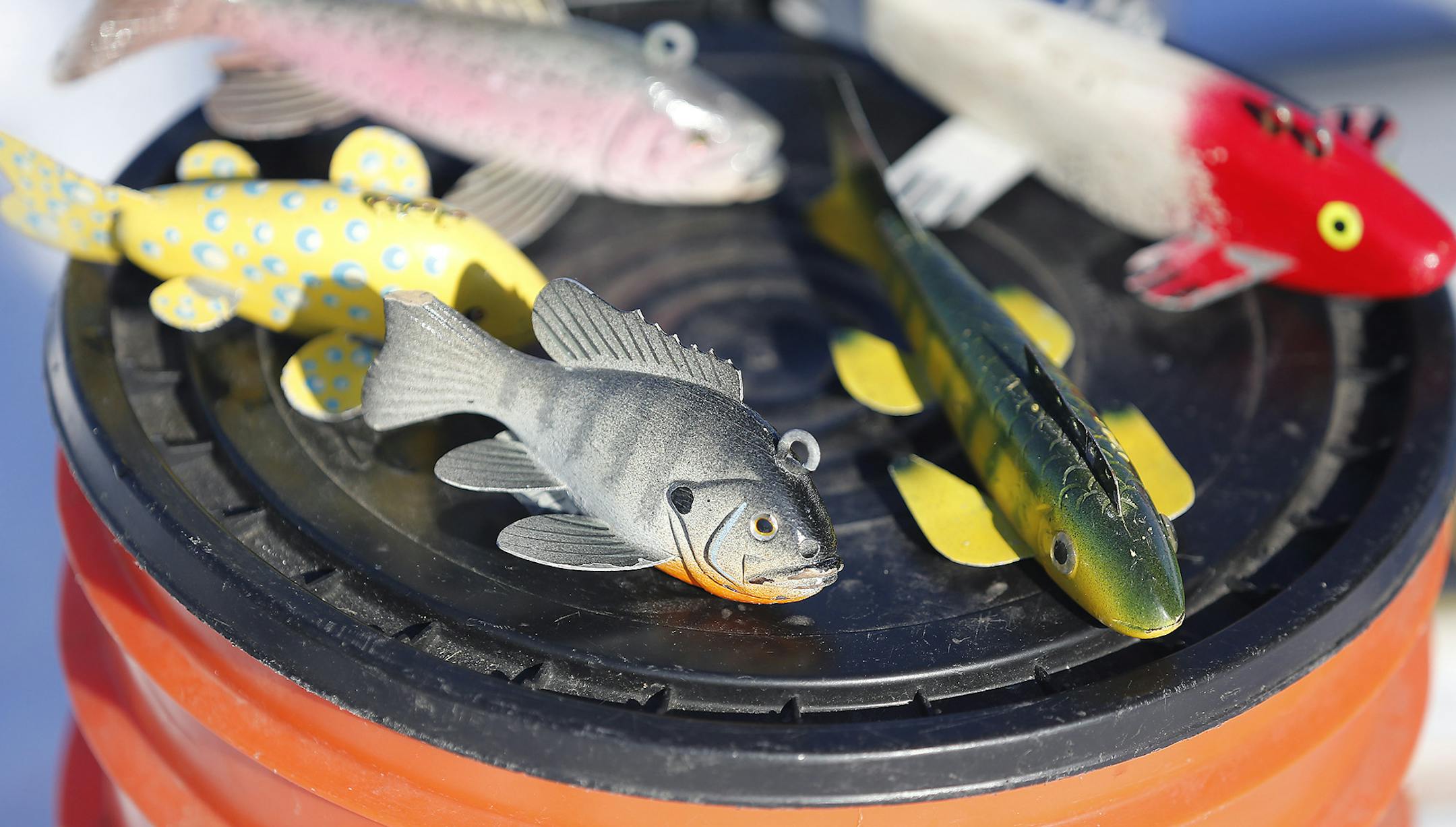 Jeff Goeschel has a large collection of fish decoys as he watched for Northerns on Lake Bavaria, Thursday, January 13, 2017 in Chaska, MN. ] (ELIZABETH FLORES/STAR TRIBUNE) ELIZABETH FLORES &#x2022; eflores@startribune.com