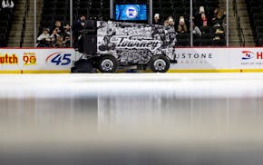The Zamboni crew prepared the ice between periods at the Class A Girls Quarterfinals Wednesday, February 21, 2024, at Xcel Energy Center in St. Paul.