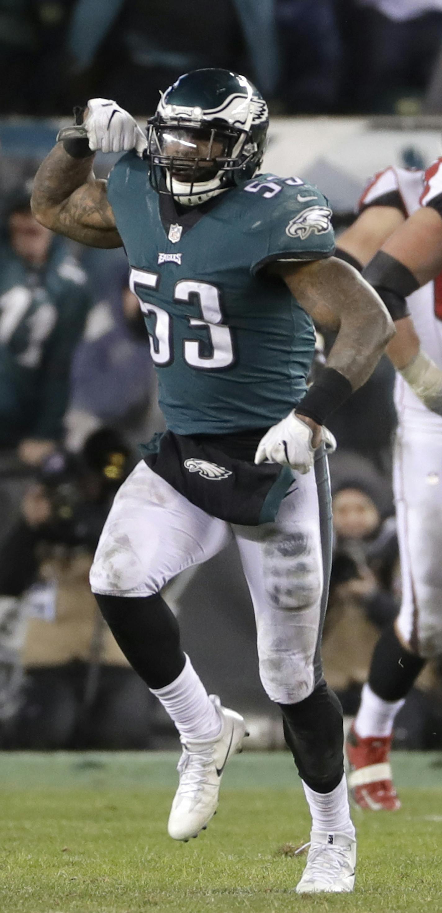 Philadelphia Eagles' Nigel Bradham celebrates after the Atlanta Falcons cannot score during the second half of an NFL divisional playoff football game, Saturday, Jan. 13, 2018, in Philadelphia. (AP Photo/Michael Perez) ORG XMIT: _22S5342