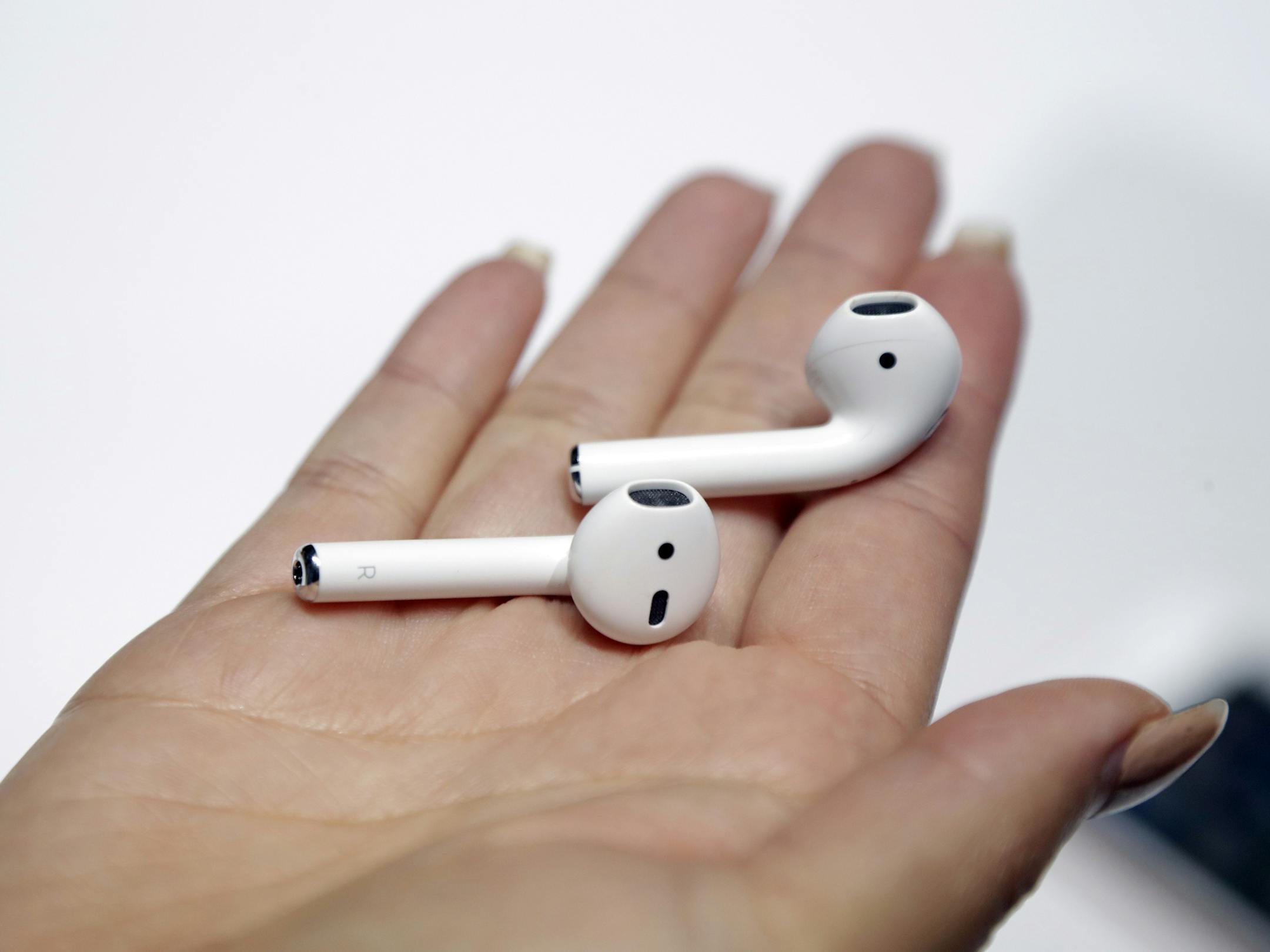 The new Apple AirPods are shown during an event to announce new Apple products on Wednesday, Sept. 7, 2016, in San Francisco. (AP Photo/Marcio Jose Sanchez)