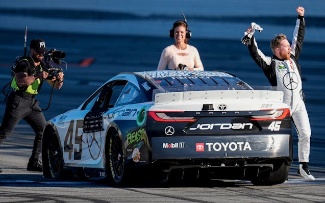 Tyler Reddick celebrates his NASCAR Cup Series victory at Talladega Superspeedway on Sunday.