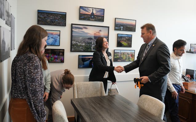 Students and other representatives from Gustavus Adolphus College meet with Sen. Nick Frentz, DFL-North Mankato, in his office at the State Capitol.