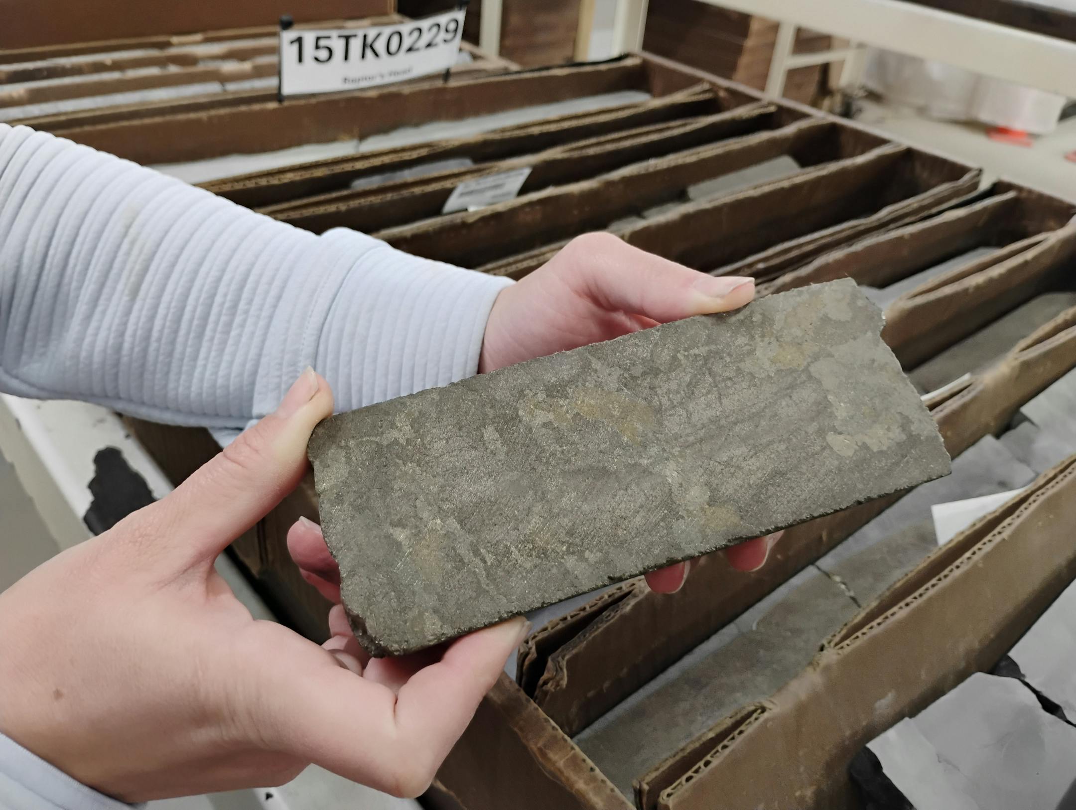 A close-up of a core sample rich in nickel at Talon Metals' company shop in Tamarack, Minn., on Oct. 9.
