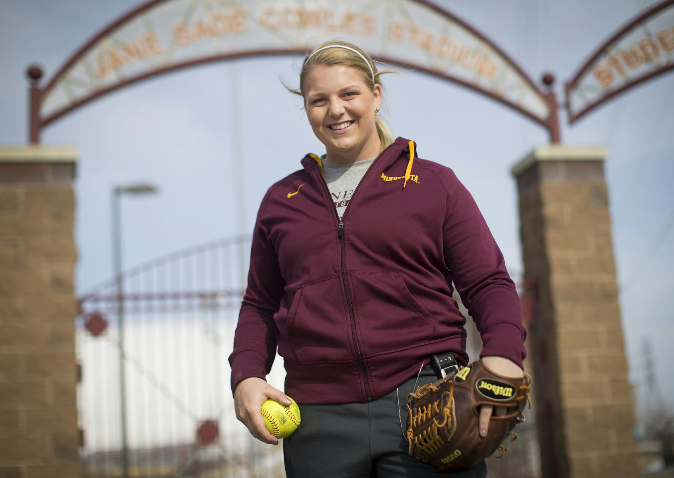 Gophers softball player Sara Groenewegen posed for a picture outside Jane Sage Cowles Stadium at the University of Minnesota in Minneapolis, Minn., on Tuesday, March 24, 2015. ] RENEE JONES SCHNEIDER • reneejones@startribune.com