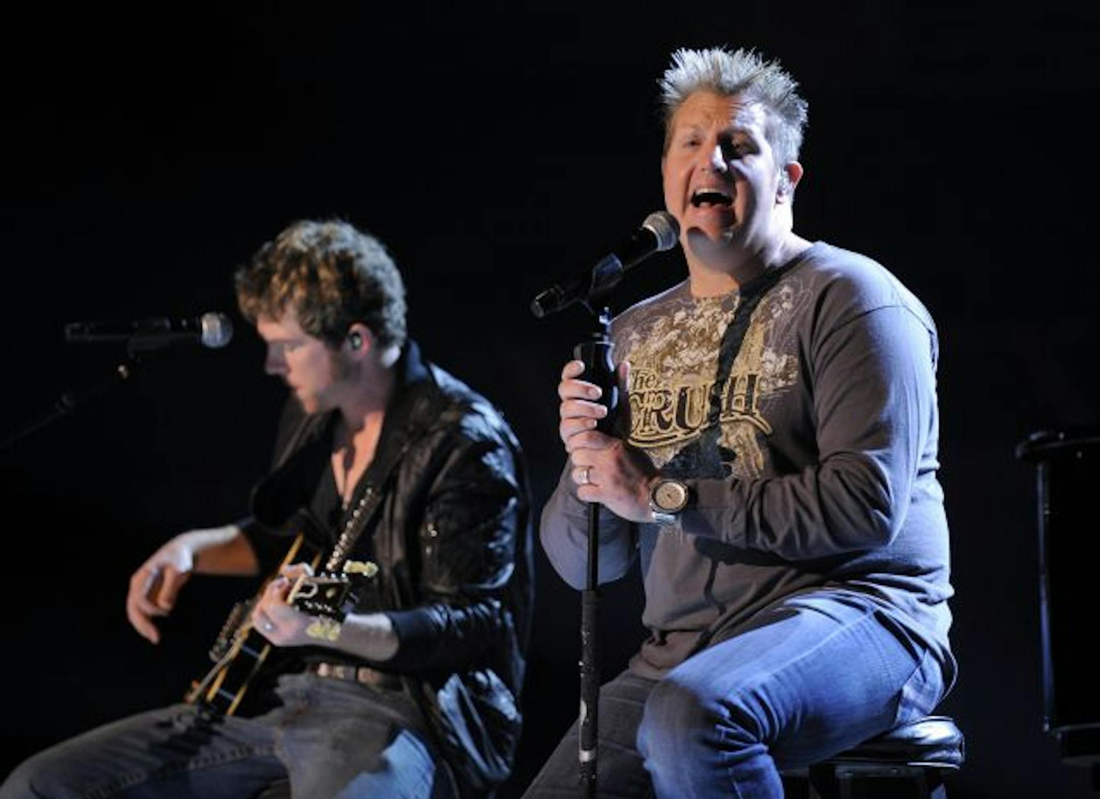 Rascal Flatts band members Joe Don Rooney, left, and Gary LeVox perform during rehearsals for the Academy of Country Music Awards, Friday, April 3, 2009, in Las Vegas. The awards are scheduled to be handed out on Sunday.