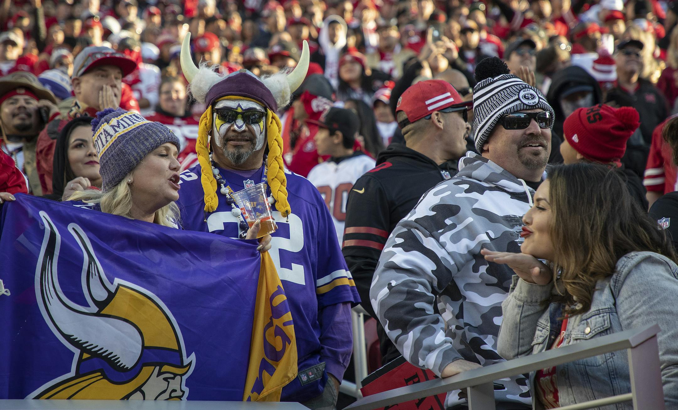 Sam Francisco 49ers fan Bianca Zavalza right, teased Minnesota Vikings fans Kim Sandate and her husband Roger Sandate, late in the fourth quarter .] Jerry Holt • Jerry.Holt@startribune.com The Minnesota Vikings played the San Francisco 49ers in the NFC divisional playoff NFL football game Saturday, January 11, 2020 at Levi's Stadium in Santa Clara,CA.