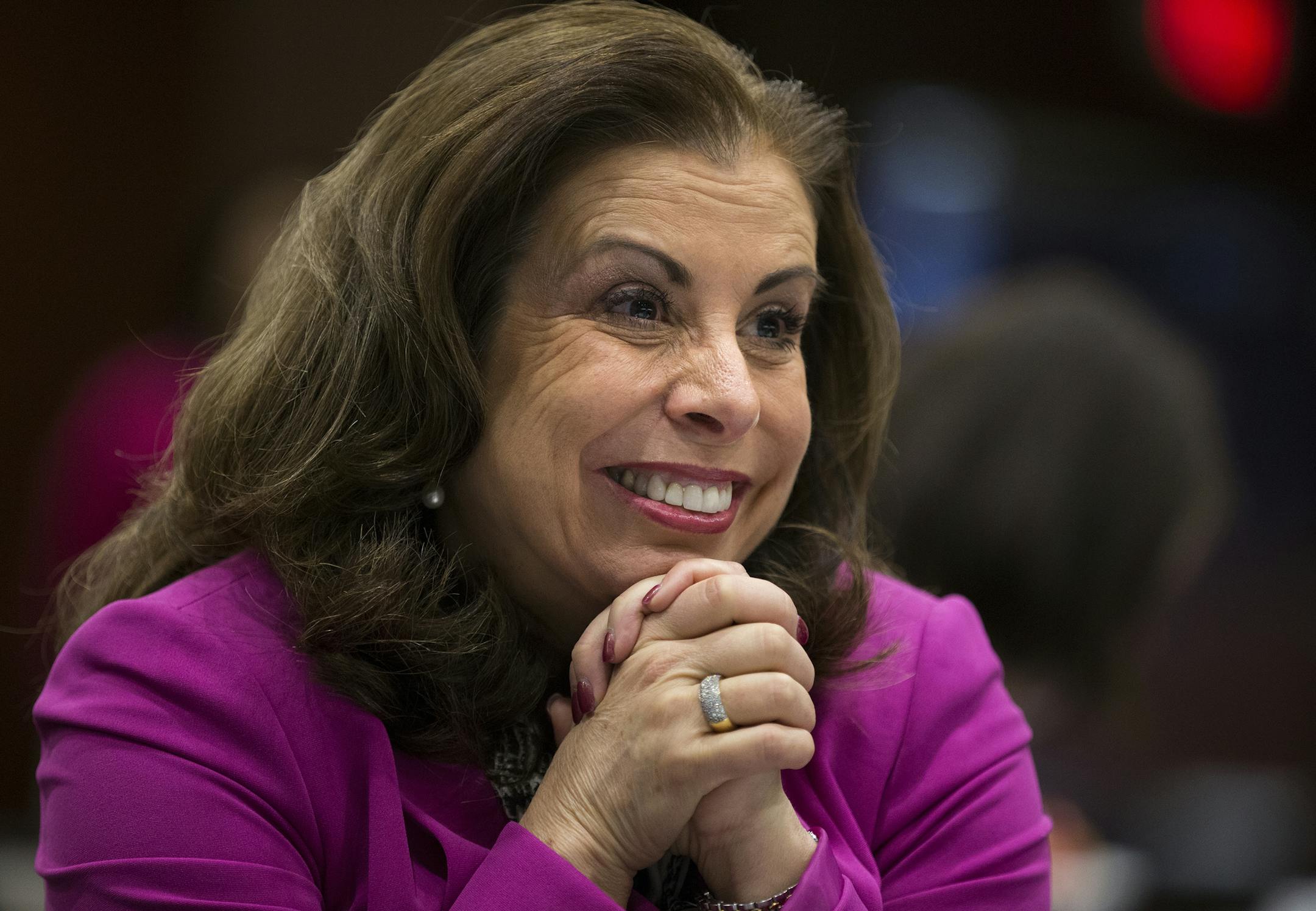 St. Paul Public Schools Superintendent Valeria Silva watches student performers before her State of the District address at University of St. Thomas in St. Paul on Thursday, January 29, 2015. ] LEILA NAVIDI leila.navidi@startribune.com /