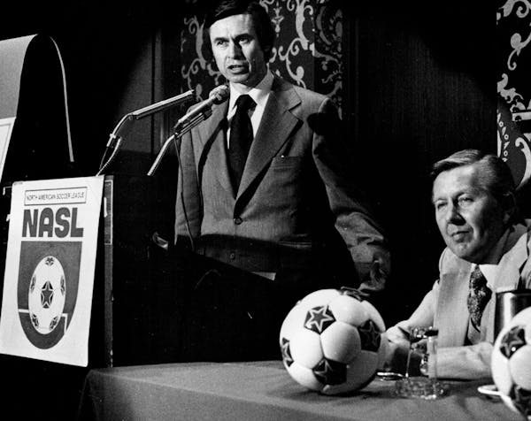 November 26, 1975 Phil Woosnam, left, commissioner of the North America Soccer League (NASL), welcomed Jack Crocker, president of Minnesota Soccer Inc