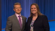 Host Ken Jennings and "Jeopardy!" contestant Emily Sands.