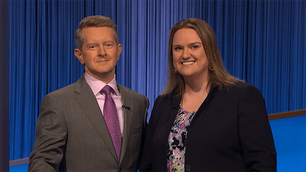Host Ken Jennings and "Jeopardy" contestant Emily Sands.