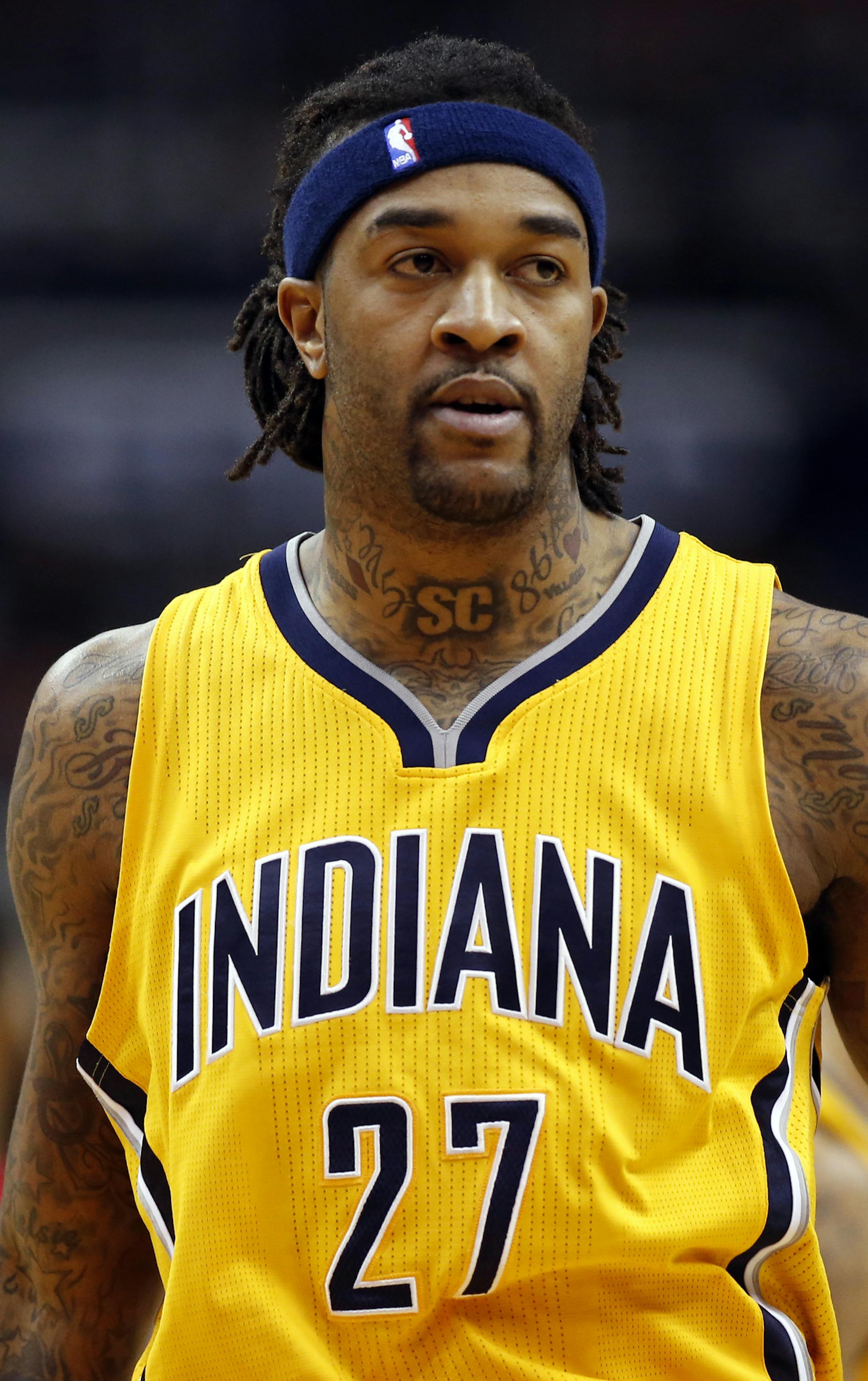 Indiana Pacers center Jordan Hill (27) reacts during the second half of an NBA basketball game against the Washington Wizards, Saturday, March 5, 2016, in Washington. The Pacers won 100-99. (AP Photo/Alex Brandon) ORG XMIT: VZN10
