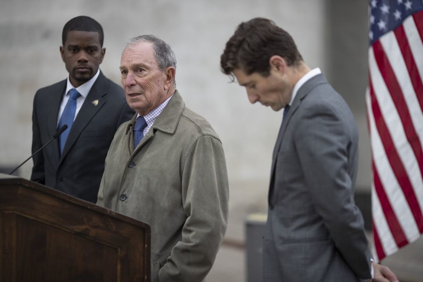 Former New York City Mayor Michael Bloomberg joined mayors Jacob Frey (right) and Melvin Carter where it was announced that the Twin Cities were making ambitious efforts to combat climate change Monday October 29, 2018 in Minneapolis, MN.