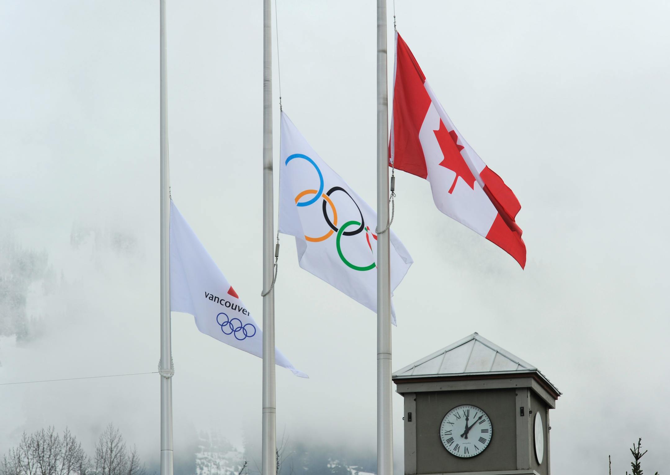 The Canadian, Olympic and Vancouver 2010 flags flew at half-staff on Saturday in tribute to Georgian luge athlete Nodar Kumaritashvili in Whistler, British Columbia. Kumaritashvili was killed Friday during a training run.