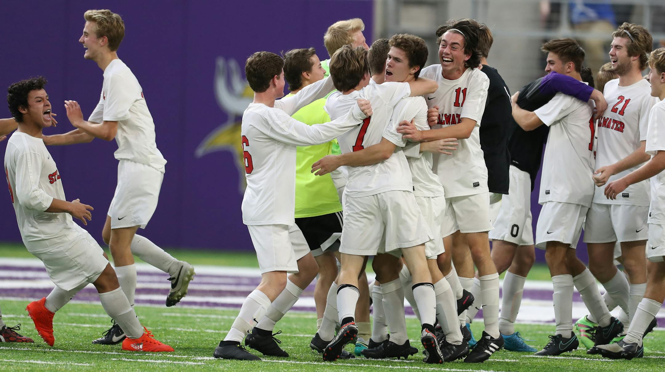 Stillwater celebrates its title over Wayzata.]In the Class 2A soccer championship game between Wayzata and Stillwater at US Bank Stadium.Richard Tsong-Taatarii/rtsong-taatarii@startribune.com