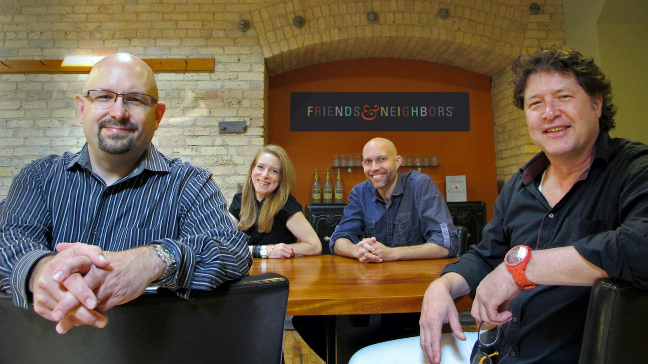 Here's the photo Friends & Neighbors took of themselves ‚Äì let me know if this might work for you. From left to right, it's Mark Bubula, Meg Van Sloun, Tom Fugleberg and Bob Brihn. CREDIT Christine Toy.
