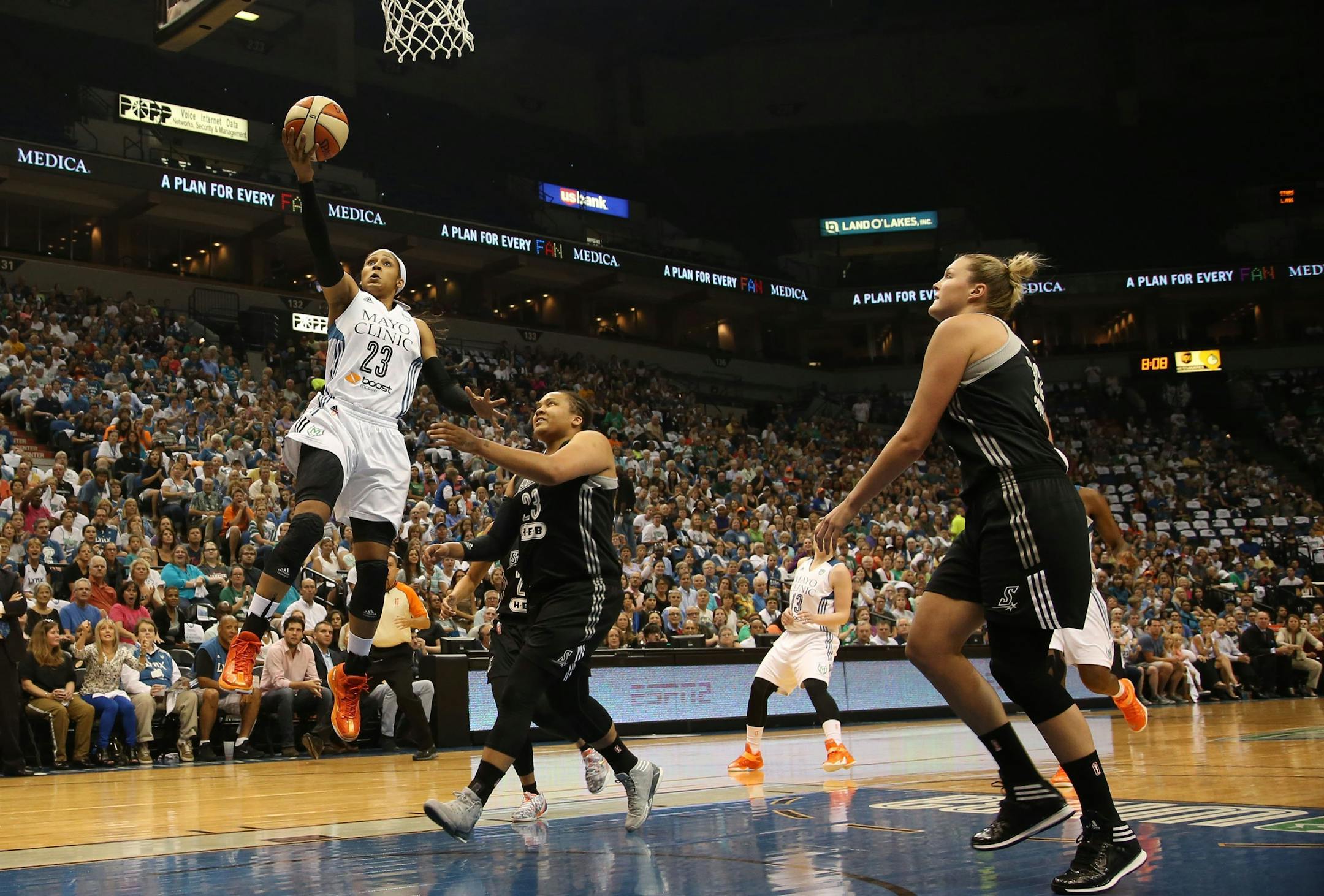 The Minnesota Lynx' Maya Moore makes a layup in the first quarter against the San Antonio Stars in Game 1 of the Western Conference semifinals at Target Center in Minneapolis on Thursday, Aug., 21, 2014.