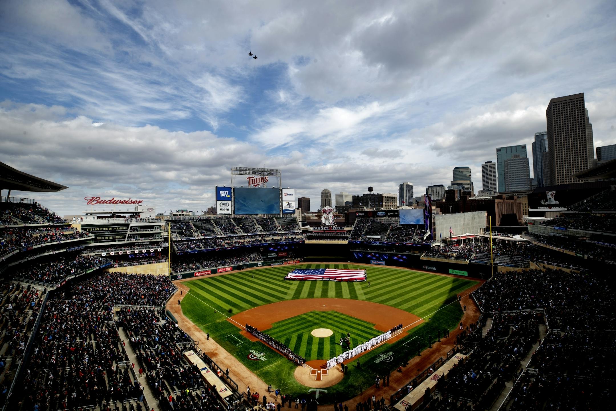 Two F-16s from the Minnesota Air National Guard's 148th Fighter Wing flew Thursday over Target Field in Minneapolis for Opening Day.