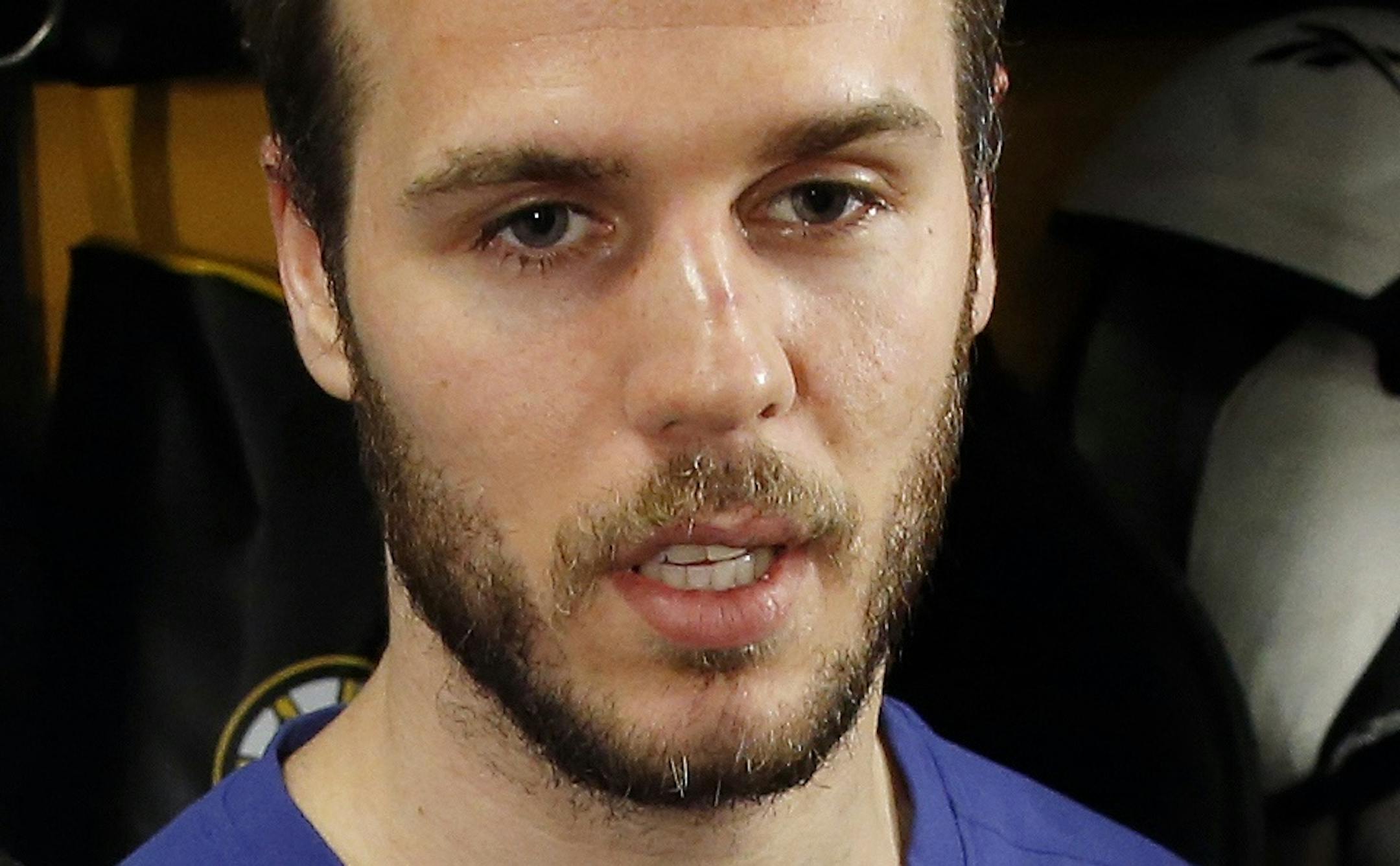 Boston Bruins' David Krejci speaks with reporters at TD Garden in Boston, Thursday, June 6, 2013. The Bruins lead the Pittsburgh Penguins 3-0 in the best-of-seven Eastern Conference NHL hockey finals. Game four is Friday in Boston. (AP Photo/Michael Dwyer) ORG XMIT: MIN2013061120485201