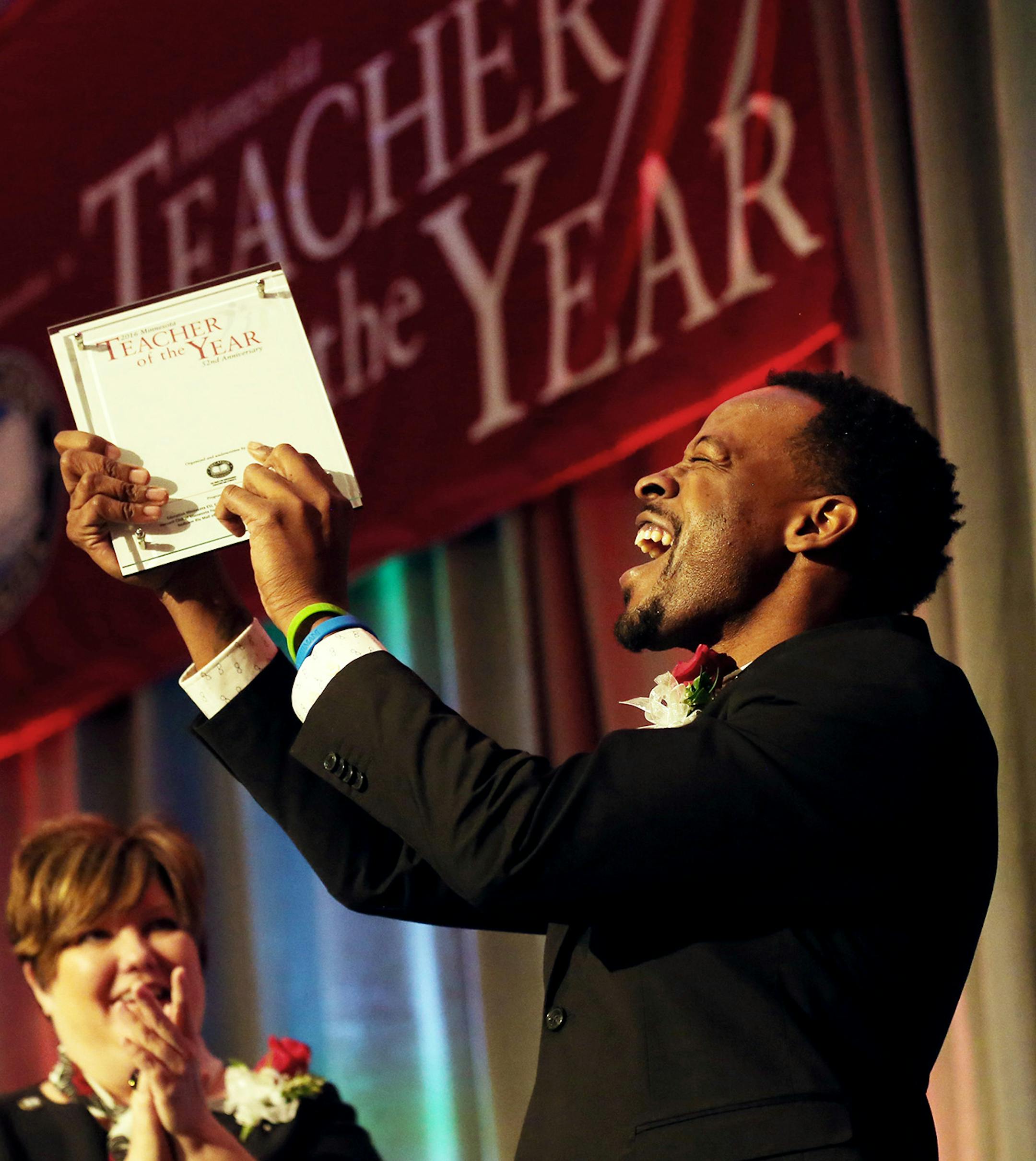 Best Academy language arts teacher Abdul Wright celebrated winning the 2016 Minnesota Teacher of the Year award at the Radisson Blu hotel on Sunday in Bloomington.