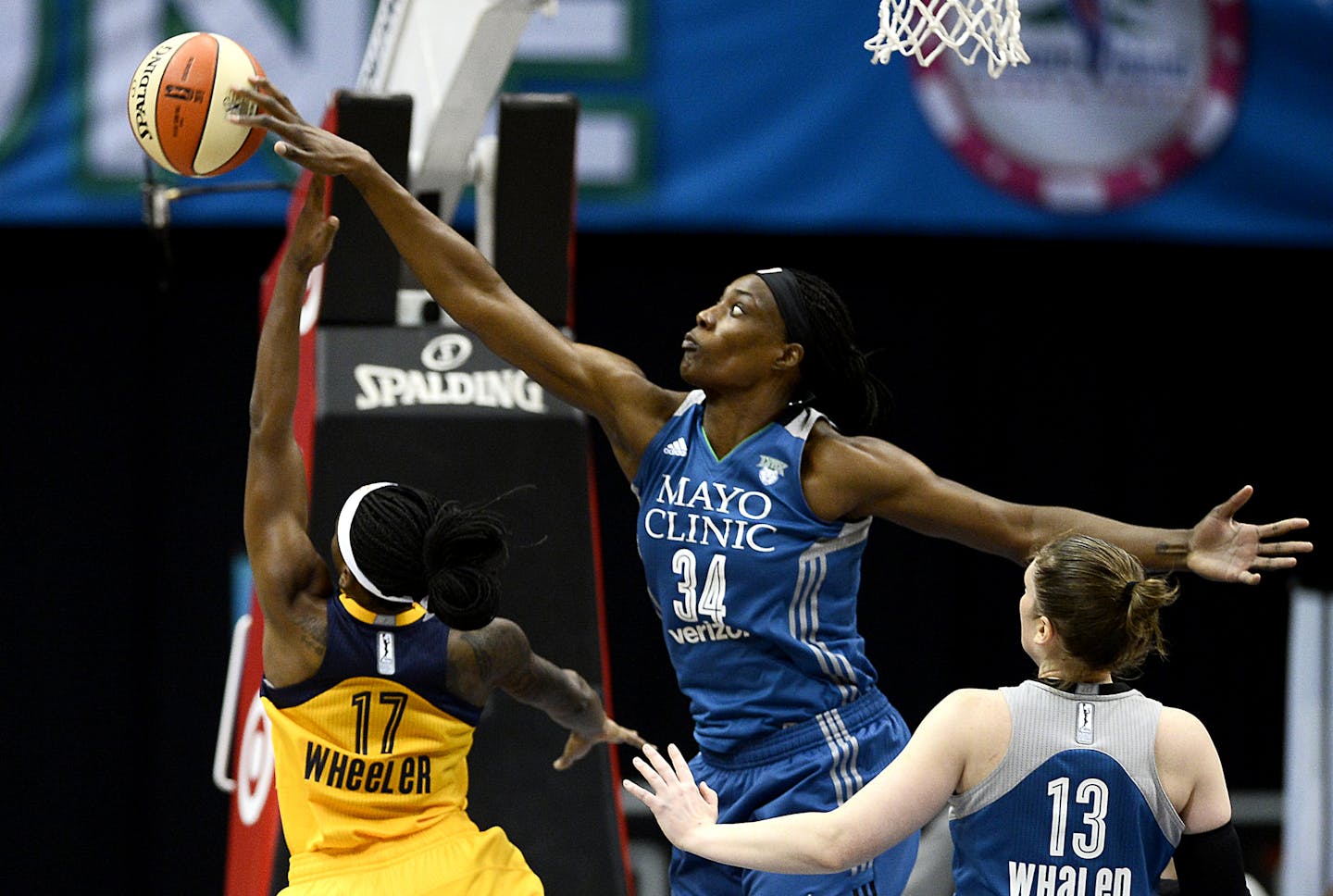 Minnesota Lynx center Sylvia Fowles (34) blocked a layup attempt by Indiana Fever guard Erica Wheeler (17) early in the first quarter Friday. ] (AARON LAVINSKY/STAR TRIBUNE) aaron.lavinsky@startribune.com The Minnesota Lynx played the Indiana Fever on Friday, May 27, 2016 at Target Center in Minneapolis, Minn.