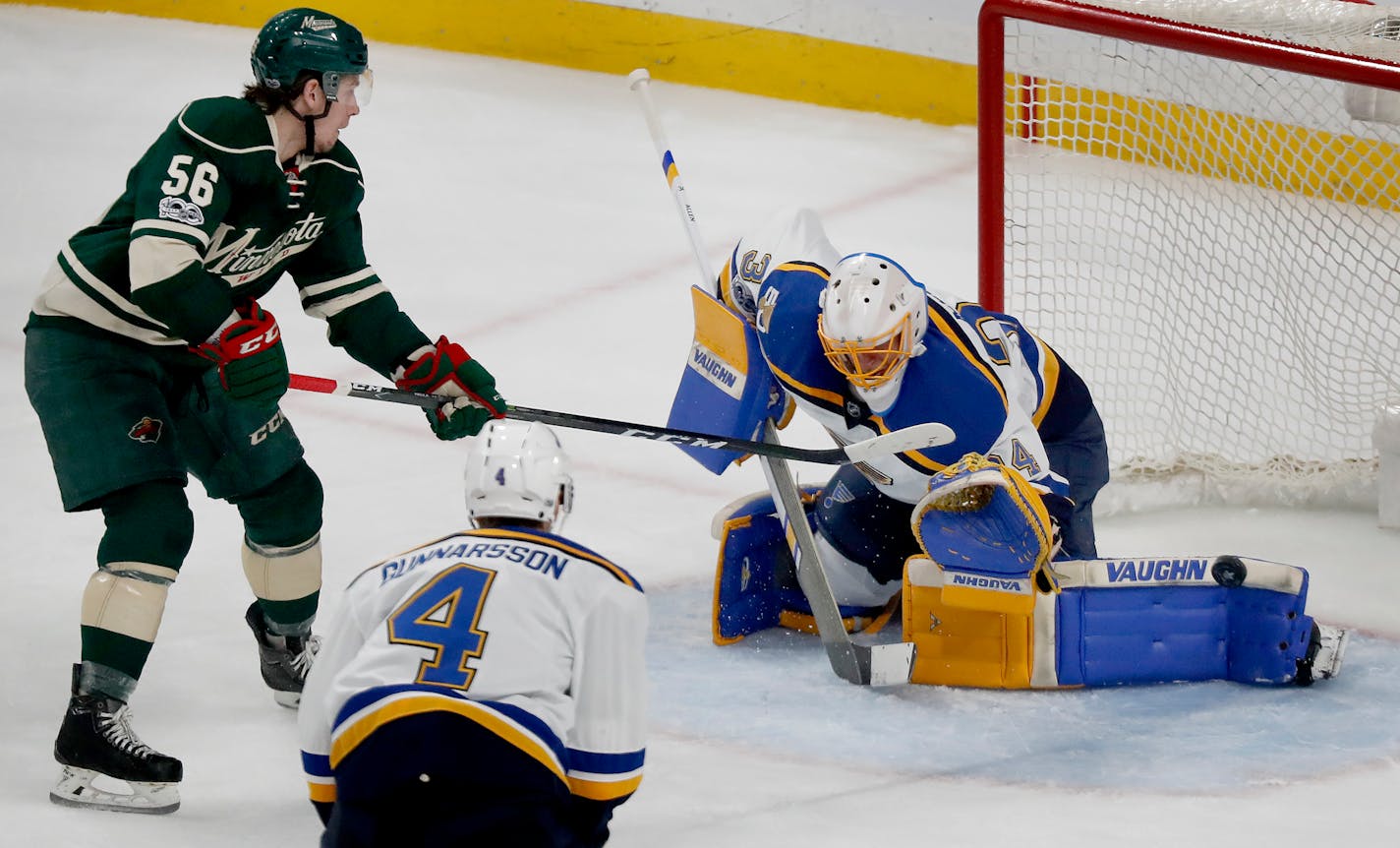 After sitting out Game 4 in St. Louis -- and a pair of practices -- because of an injury, Wild forward Erik Haula (56) went full-bore in Friday's session.