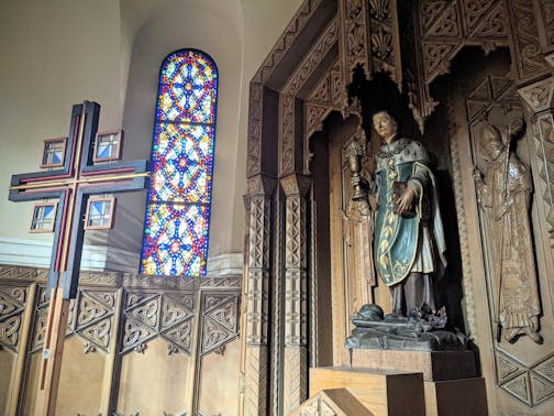 A shrine to St. Cloud, the patron saint of the Diocese of St. Cloud, is inside St. Mary's Cathedral in downtown St. Cloud. The statue is a replica of the oldest known statue of the saint. (Credit: Jenny Berg)